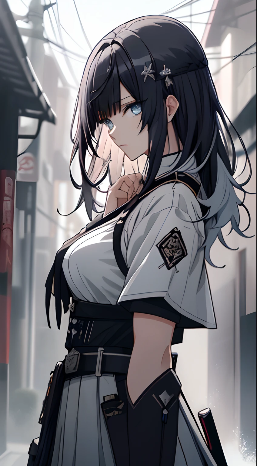Japanese Katana Sword、Samurai sword、Full body、White one-piece military uniform、 Jet black head of hair,(masutepiece:1.2, Best Quality), (finely detailed beautiful eye: 1.2), (Detailed background,Dark Fantasy), (beautifull detailed face), High contrast, (Best Illumination, extremely delicate and beautiful), ((Cinematic Light)), Colorful, Hyper Detail, Dramatic light, Intricate details,Very blue eyes, Shining eyes, long hair flowing with the wind、large full breasts、Belt under the chest、White military uniform, White skirt, large full breasts, Long hair fluttering in the wind, jet-black hair, Her eyes are bright blue, Black tie, Belt under the chest, gotik、