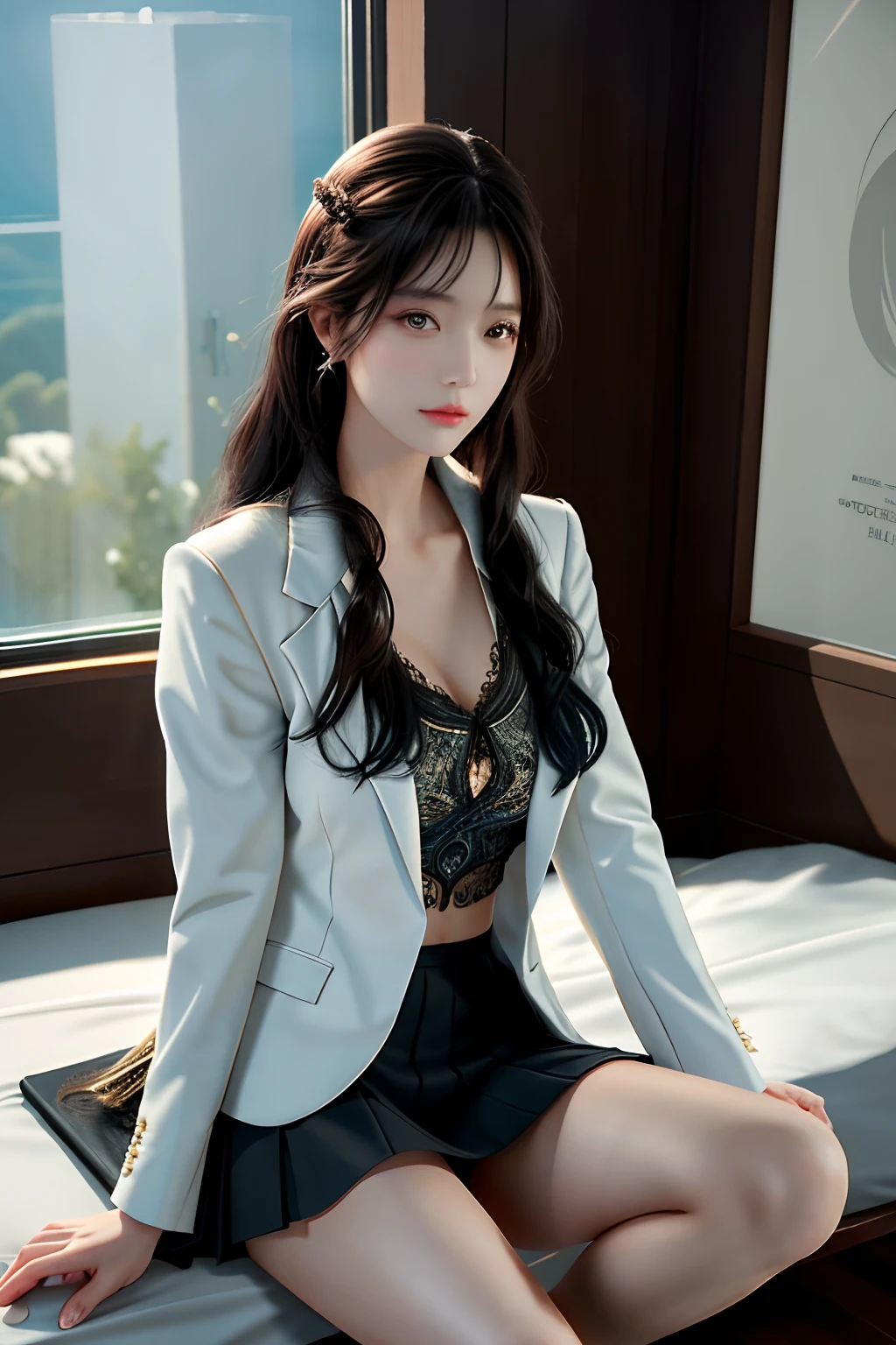 top-quality, ​masterpiece, 1girl in, 美丽的面容, (photographrealistic:1.3), Rim Lighting, (High Detail Skins:1.2), 8K UHD, Digital SLR, hightquality, hight resolution, 4K, 8K, bokeh dof, absurderes, best ratio four finger and one thumb, (realisitic:1.3), pretty 1girl, Wearing a white formal blazer, middlebreast, a short skirt,Perfect 5 fingers
