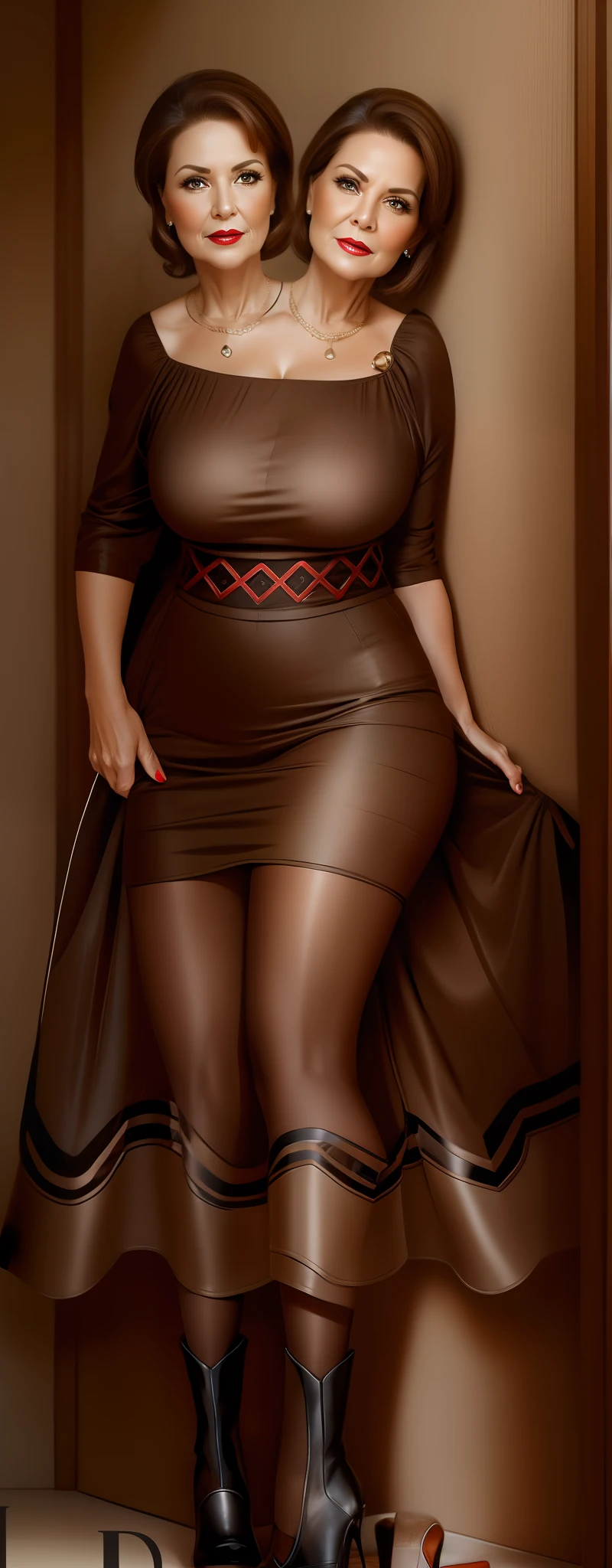 2 heads,Portrait of a 60-year-old woman with short brown hair, a captivating gaze, Brown eyes, Wrinkles on her face, Black pantyhose,high heels boots,Revealing her large sagging breasts, Light makeup and red lips. 32K