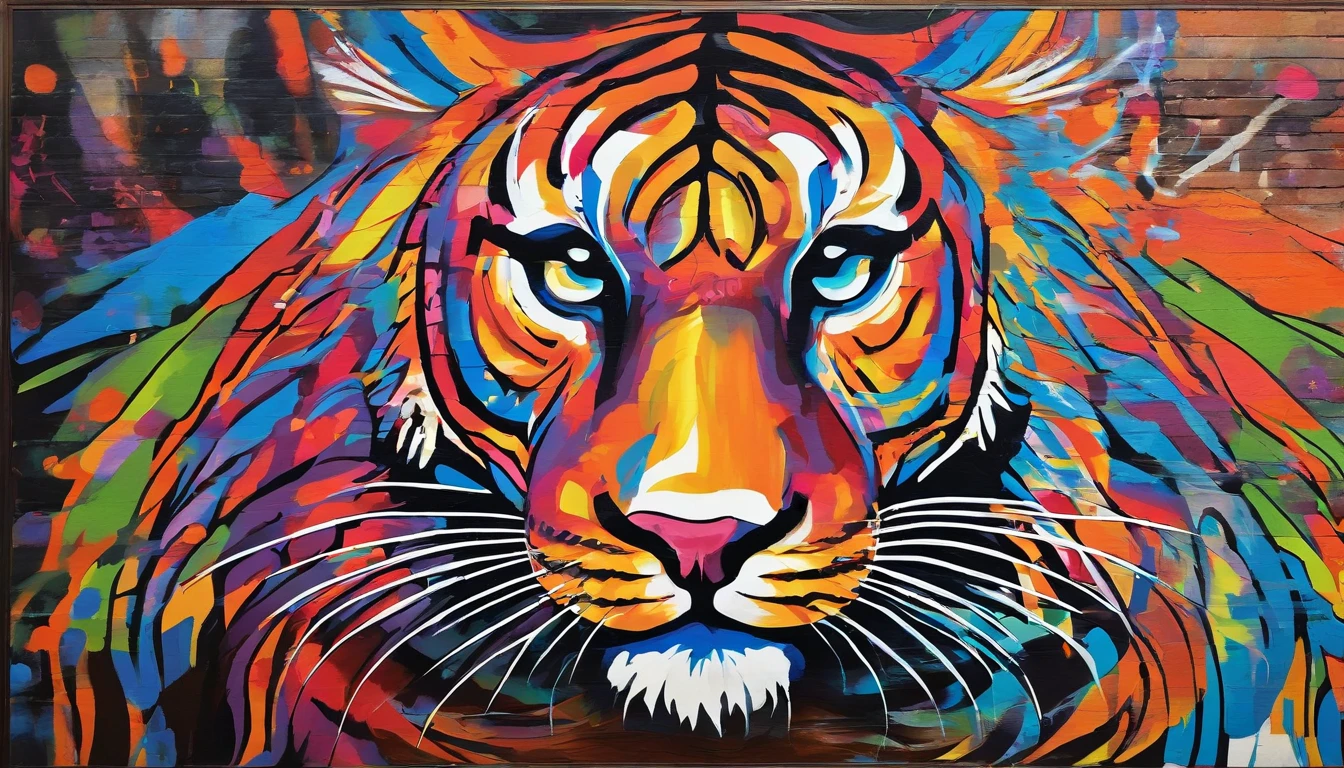 de la haute qualité, masutepiece, paitage à l’aquarelle, Technique de nettoyage, coloré, Peinture dégoulinante et éparpillée, Des peintures comme Agnes Cecil, Floue, Toucher pâle, Vente de contours, Comme dans un conte de fées, Jeune homme écoutant de la musique avec des écouteurs, Il s’agit d’un design en deux parties, partie gauche et  partie droite, sur le thème d’un tigre puissant et aux couleurs de l’arc-en-ciel. La partie gauche représente le tigre qui prend une pose légèrement profilé, orné d’un motif aux couleurs de l’arc-en-ciel sur son corps et un bonnet de Noël sur la tête. La partie droite sur le thème du tag, du street art et de la bière, on y retrouve une inscription légèrement dissimulé cette inscription dit : Rom2. C’est une œuvre qui exprime la beauté d’un tigre puissant fusionné au graffiti.