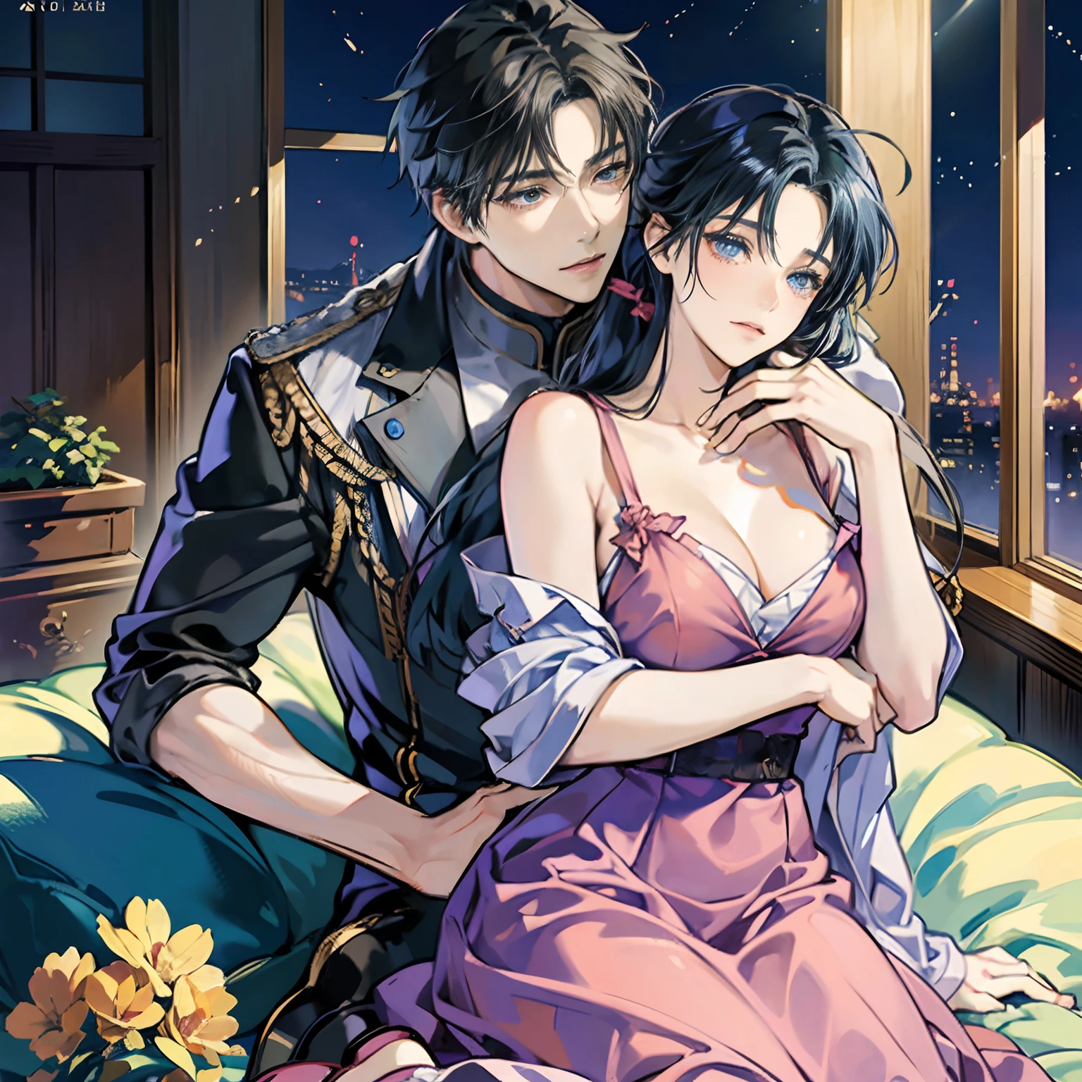"(best quality, 32k, highres, masterpiece:1.2), ultra-detailed, realistic:1.37, two boys, 2 handsome 22 year old boys, these two 25 year old boys are in love, These two boys are in love, love, anime character, kiss, loving kiss, kiss of lovers, Mysterious tavern bed room, starry night through the windows, tattoo, anime korean/thai 20 year old male model, long black whisp hair, high quality, super realistic, Envision a hyper-realistic composition that seamlessly integrates the exquisite detail of dreamlike elegance, creating a beautiful back view portrait where realism and Art Nouveau mystique converge, striking thai male model is depicted against a backdrop of silvery swirling patterns, sapphire blue ornamental dragon tattoo designs, adorned in flowing garments that echo romantic style, with intricate patterns intertwining seamlessly with the hyper-realistic details of his attire, highly detailed,