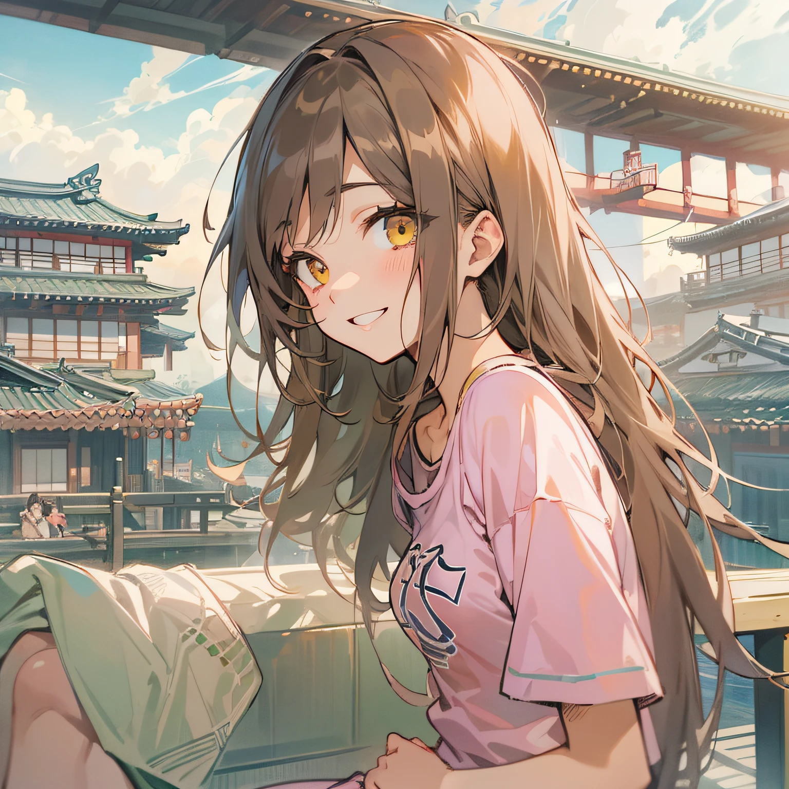 masterpiece、top-quality、(brown colored long hair:1.1)、20-year-old yellow-eyed woman、japanese comic book、Pink T-shirt、Exposed skin a lot、being thin、(small tits:1.1)、(Smiling expression:1.3)、(Looking back:1.3)、sitting on、Terrace in the background、Bold composition、Upper body is shown、Alone、