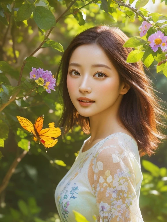 beautiful detailed eyes and lips, peaceful garden, vibrant flowers, sunlight streaming through the trees, gentle breeze rustling the leaves, birds chirping, soft grass beneath her feet, colorful butterflies dancing around her, warm color palette, natural lighting, incredible level of detail, oil painting style