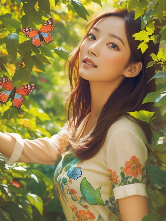 beautiful detailed eyes and lips, peaceful garden, vibrant flowers, sunlight streaming through the trees, gentle breeze rustling the leaves, birds chirping, soft grass beneath her feet, colorful butterflies dancing around her, warm color palette, natural lighting, incredible level of detail, oil painting style