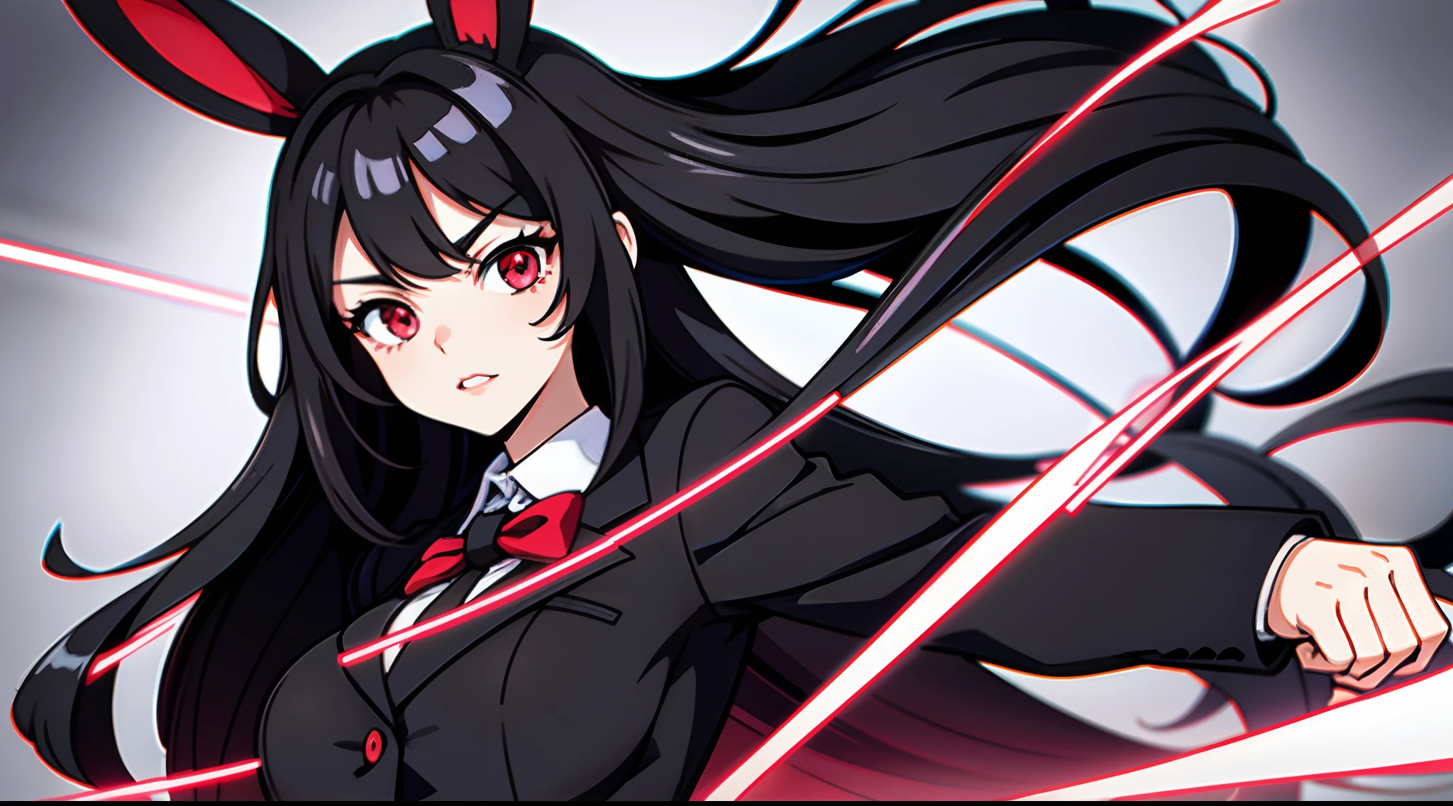 1woman, black hair, Long Haired, red eyes, ((Girlfriend)), bunny ears, black blazer, big breats, wallpaper, City background, light particles, ((masterpiece)), ((best quality)), ((Top Quality)), pale white skin, solo, curvy build