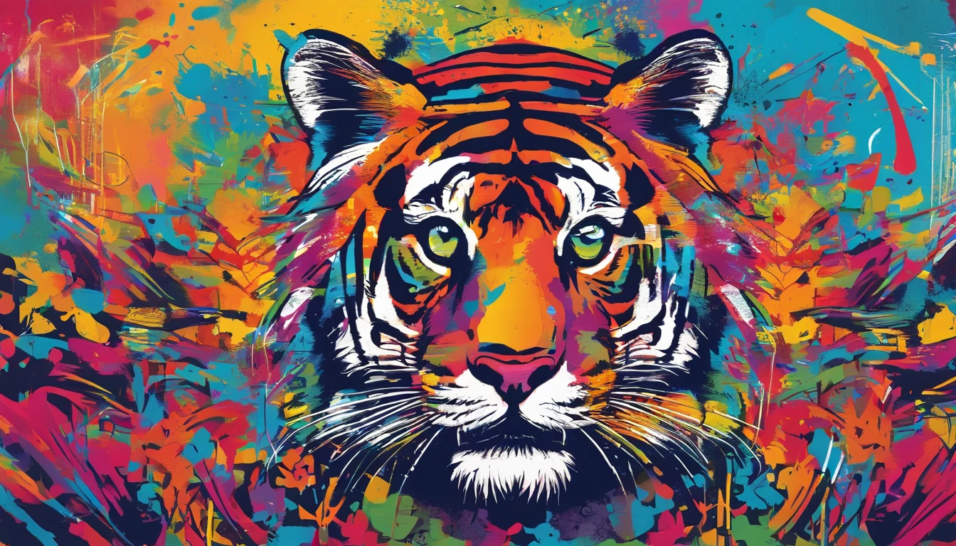 Coloré, Peinture dégoulinante et éparpillée. Il s’agit d’un design en deux parties, partie gauche et partie droite, sur le thème d’un tigre puissant et aux couleurs de l’arc-en-ciel. La partie gauche représente le tigre qui prend une pose légèrement profilé, orné d’un motif aux couleurs de l’arc-en-ciel sur son corps et un bonnet de Noël sur la tête. La partie droite sur le thème du tag, du street art et de la bière, on y retrouve une inscription légèrement dissimulé cette inscription dit : Rom2. C’est une œuvre qui exprime la beauté d’un tigre puissant fusionné au graffiti.