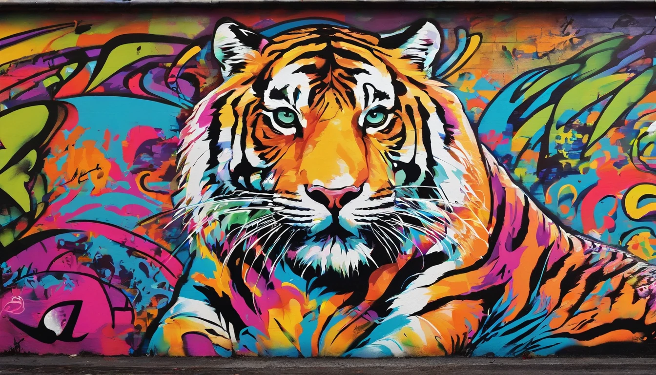 Coloré, Peinture dégoulinante et éparpillée. Il s’agit d’un design en deux parties, partie gauche et partie droite, sur le thème d’un tigre puissant et aux couleurs de l’arc-en-ciel. La partie gauche représente le tigre qui prend une pose légèrement profilé, orné d’un motif aux couleurs de l’arc-en-ciel sur son corps et un bonnet de Noël sur la tête. La partie droite sur le thème du tag, du street art et de la bière, on y retrouve une inscription légèrement dissimulé cette inscription dit : Rom2. C’est une œuvre qui exprime la beauté d’un tigre puissant fusionné au graffiti.