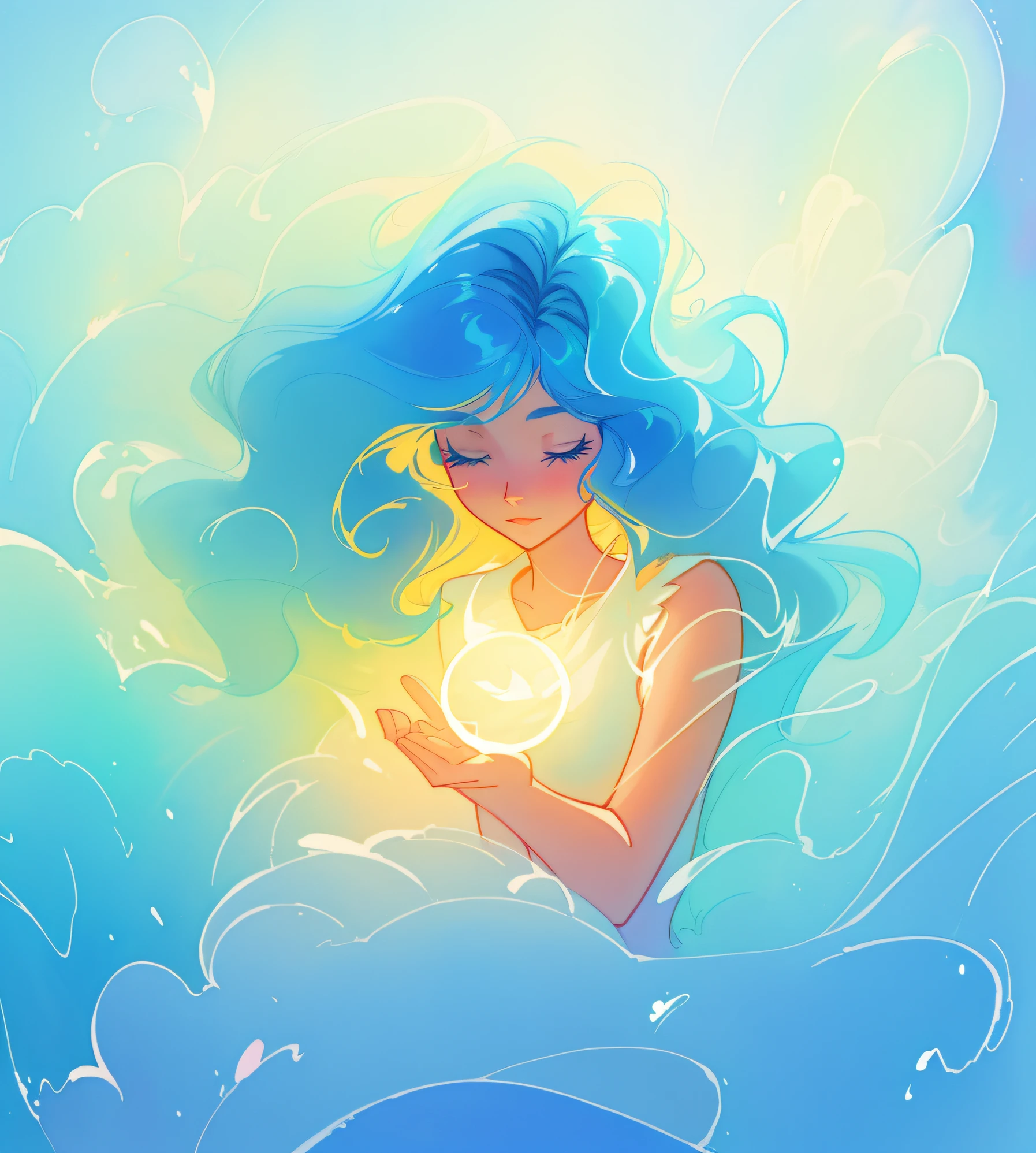 Beautiful girl surrounded by liquid light, Long blue wavy hair, Watercolor illustration, inspired by Glen Keane, inspired by Lois van Baarle, disney artstyle, author：Lois van Baarle, glowing aura around her, author：Glenn Keane, jen bartel, Glowing lights! Digital painting, flowing glowing hair, glowing flowing hair, Beautiful digital illustration, Fantasia otherworldly landscape plant flowers, Beautiful, Masterpiece, Best quality, Anime Disney style