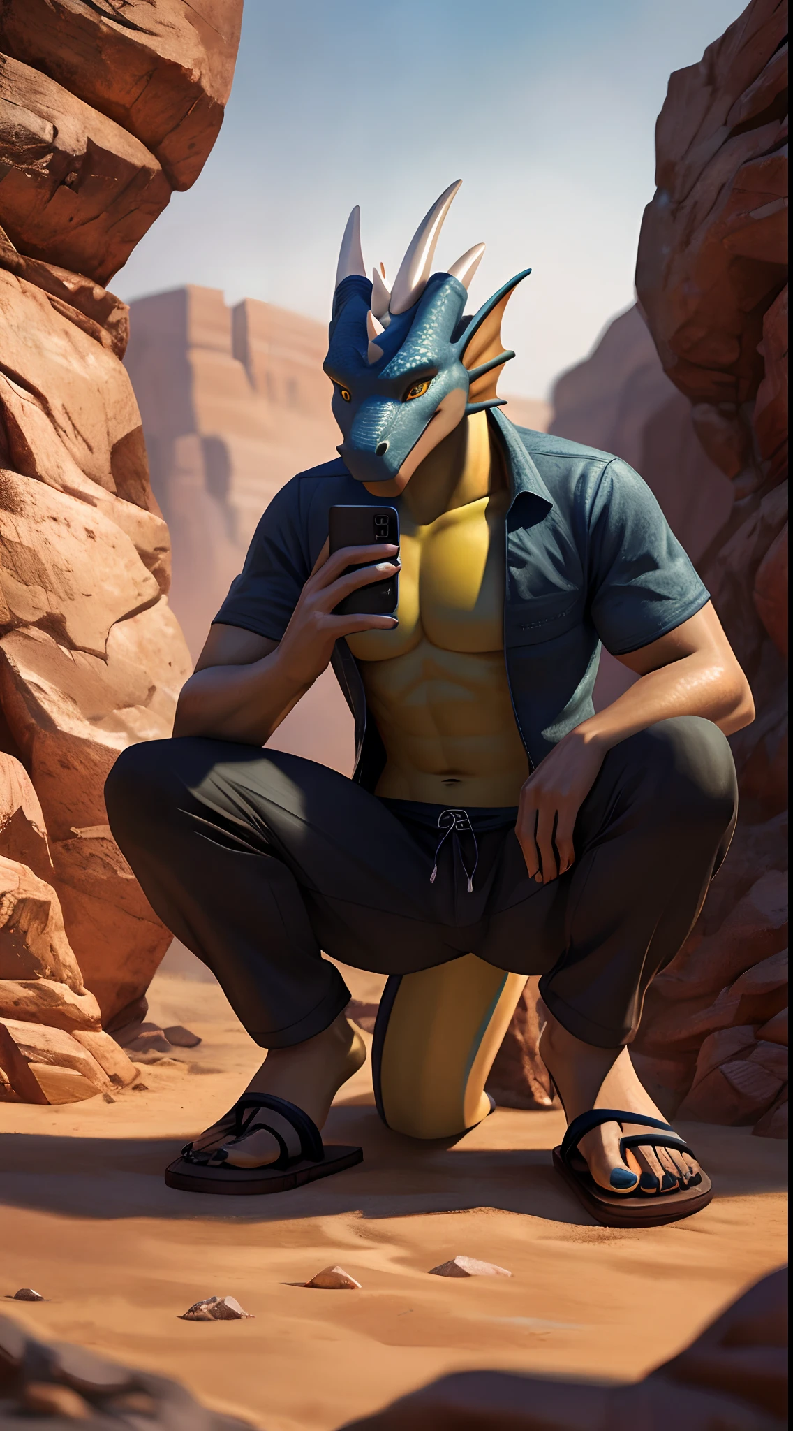 Male dragon，Cyborg Dragon，The golden dragon，Young dragons，He wears blue short sleeves and black shorts，sandals，Claw feet，cellular phone，in the desert，Squat，It's raining，head fins，Detailed golden eyes，lifelike skin，Detail ratio，Slim，Sexy，The scales are truly textured，photo-realistic，Masterpiece，Clear，8K，3Drenderingof