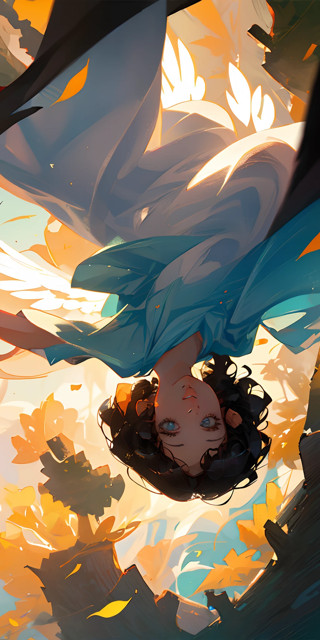 Girl, black curly hair, hazel eyes, angelic, anime, look up, falling leaves