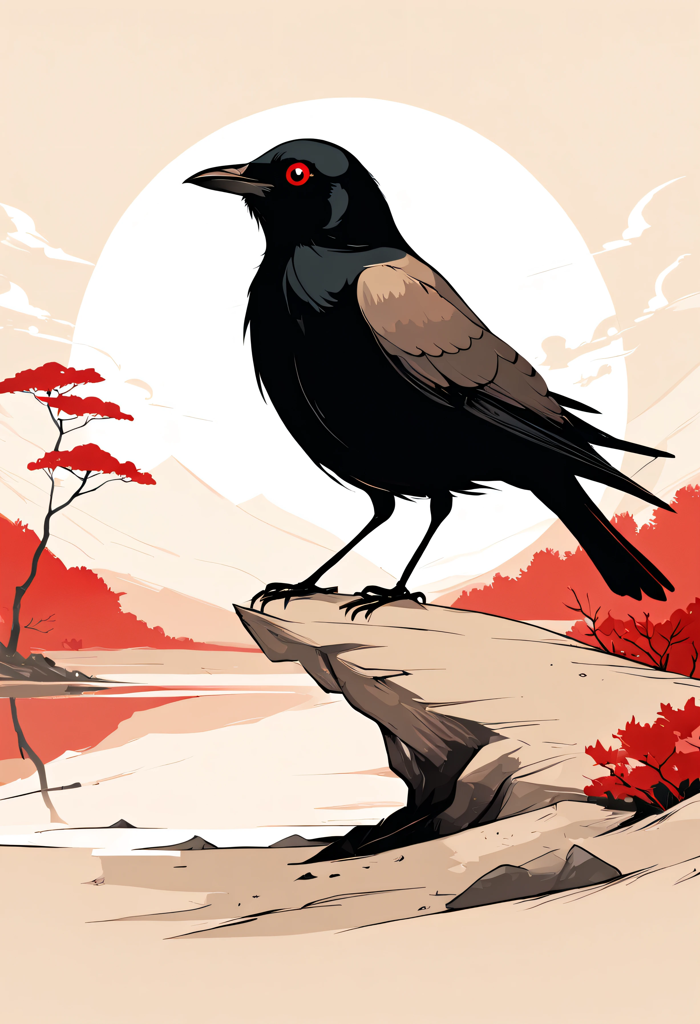 A black bird， Minimalist, Disjointed,Editor， illustration ，Dark beige and red