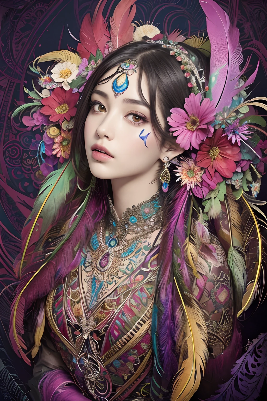 (​masterpiece、top-quality、top-quality、Official art、Beautifully Aesthetic:1.2)、(1girl in:1.3)、ighly detailed、(Fractal Art:1.2)、colourfull、highestdetailed、(Zentangle:1.2)、(Dynamic Pause) 、（Abstract background：1.5）、（Nice dress：1.2）、（shinny skin）、（Many colors：1.4）、full bodyesbian 、((shorth hair))