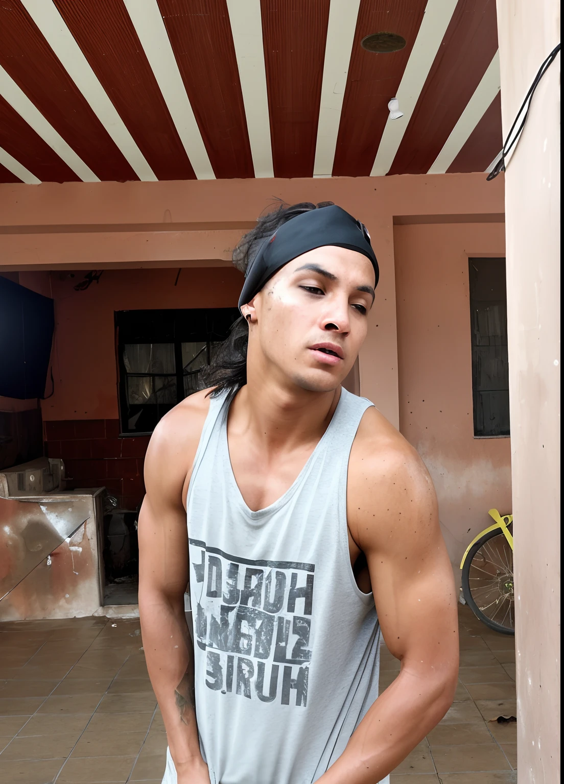 Homem de cabelo grande e com olhar extremamente atraente, usando camiseta branca com desenho de caveira, corpo atletico, Leaning against a brick wall and landscape of pine forest and grassy ground.