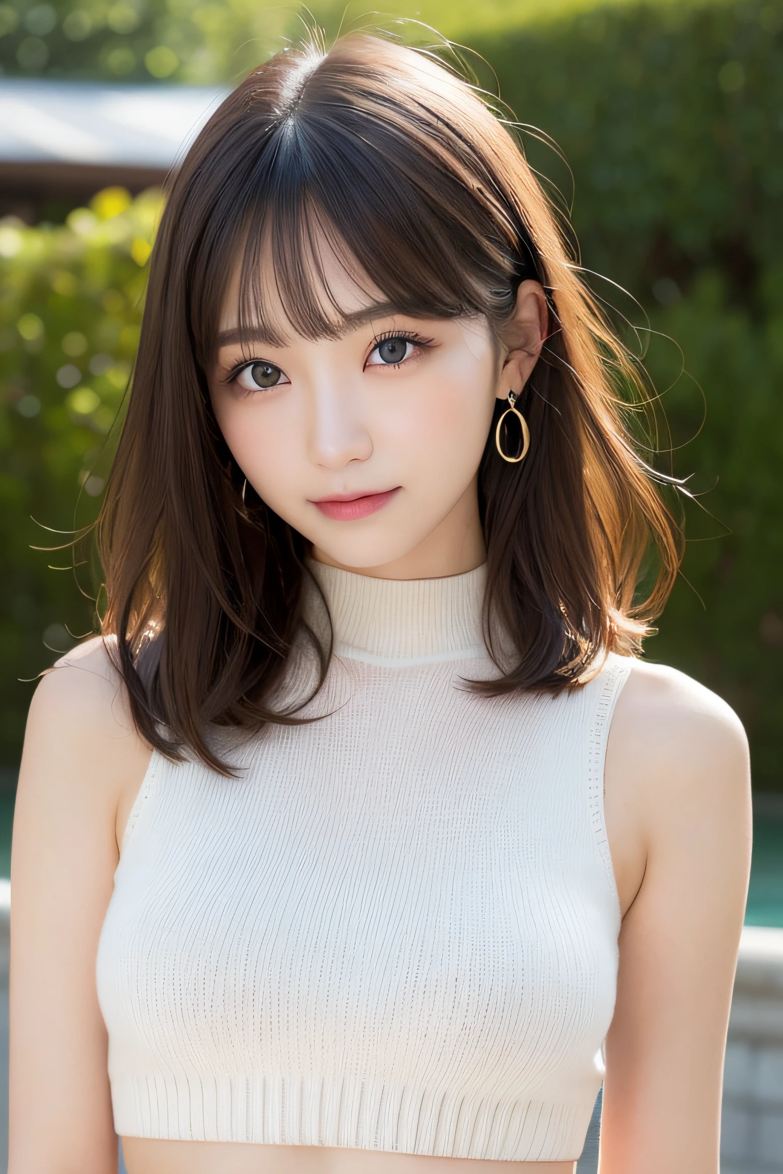 masutepiece, Best Quality, Photorealsitic, finely detail, hight resolution, 8K Wallpapers, Perfect dynamic composition, Beautiful detailed eyes, Medium Hair, large full breasts, Random and sexy poses,Bring your chest together、(Very Small Size Mock Neck Crop Tank Top White Knitwear)、(Breast bulge 1.2)、A smile、open open mouth、Resort scenery、23years old、(Drooping eyes 1.4)、Adult beauty、japanes