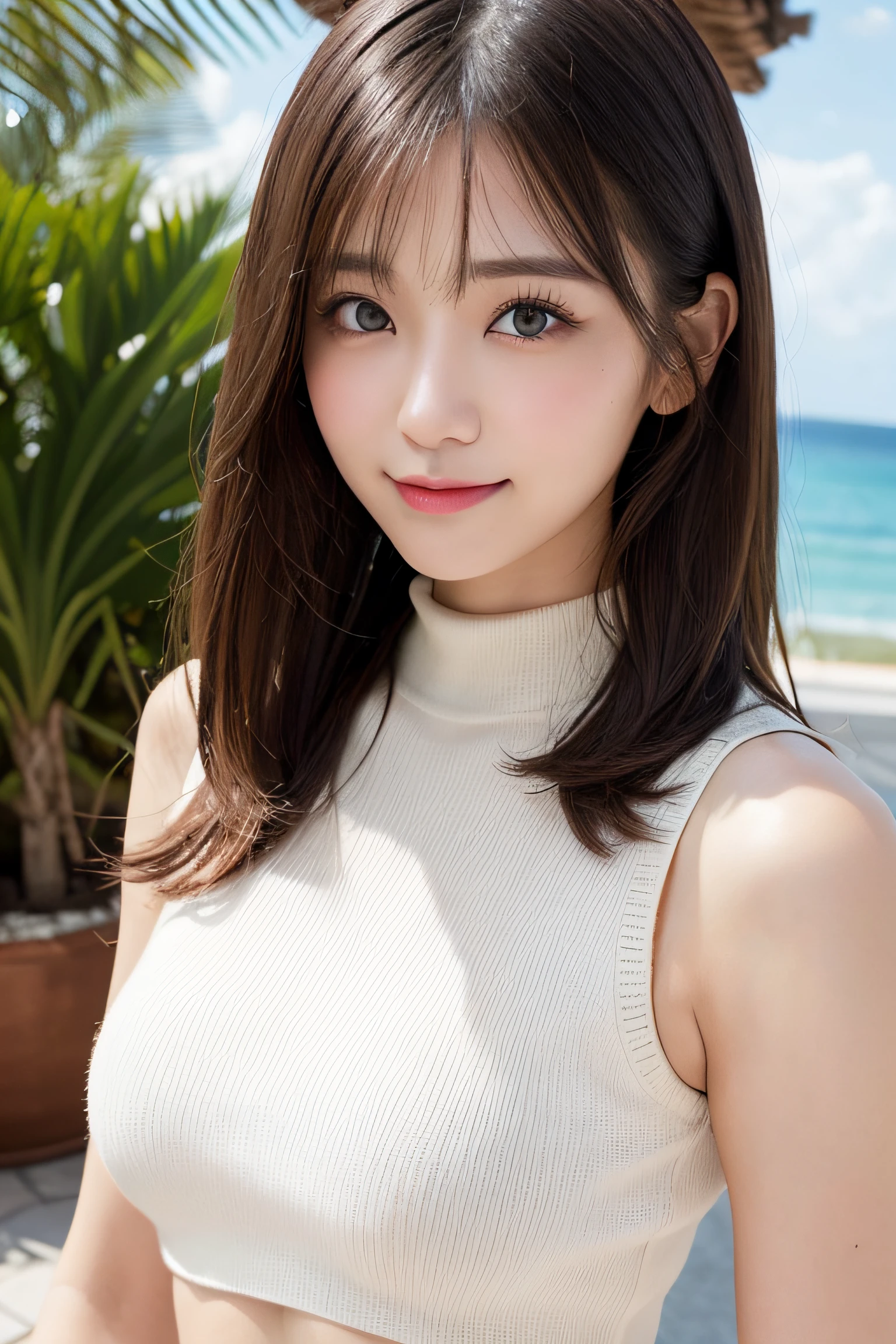 masutepiece, Best Quality, Photorealsitic, finely detail, hight resolution, 8K Wallpapers, Perfect dynamic composition, Beautiful detailed eyes, Medium Hair, large full breasts, Random and sexy poses,Bring your chest together、(Very Small Size Mock Neck Crop Tank Top White Knitwear)、(Breast bulge 1.2)、A smile、open open mouth、Resort scenery、23years old、(Drooping eyes 1.4)、Adult beauty、japanes