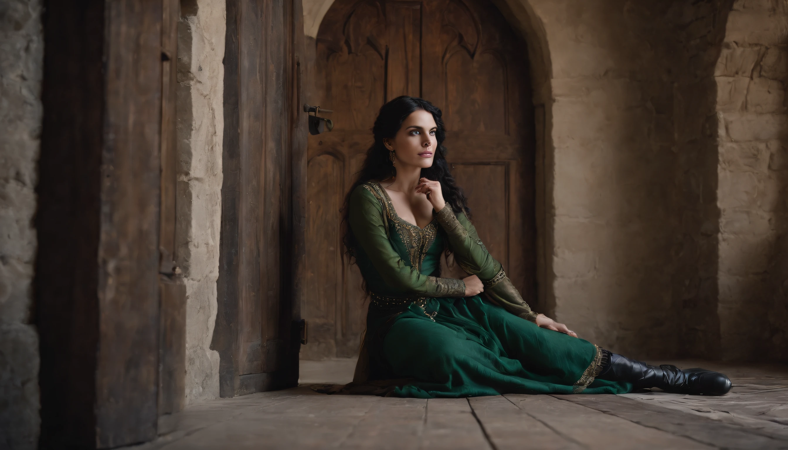 within a gloomy castle tower, a young medieval gypsy woman with black hair and green eyes kneels on the floor beside a wooden door with a slot in it, gothic, sense of unease, mysterious, cinematic, cinematic scene from film, 8k, cinematic in the style of Dion Beebe