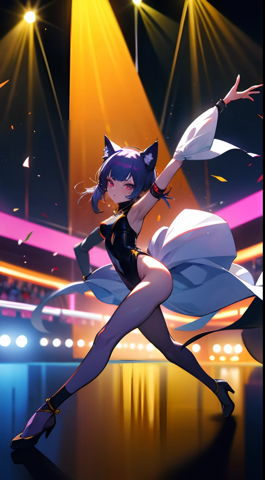 Estilo anime, Feline alien woman with feline-like skin, With cat ears on your head, Dancer dancing on stage, micro Bikiñi, clube noturno, People around giving money to dance