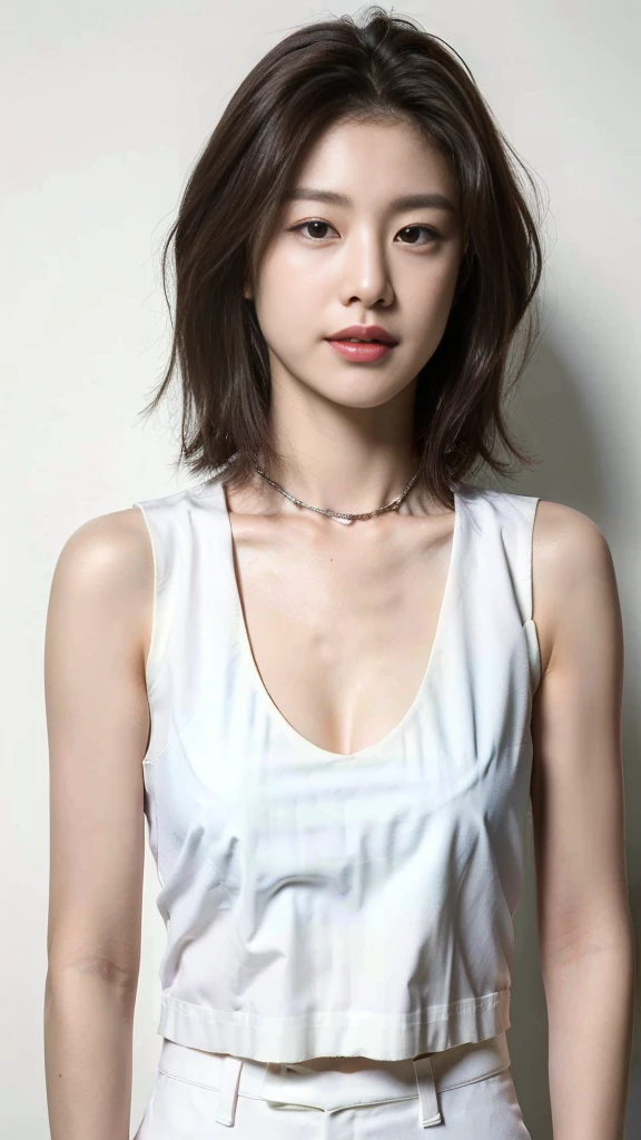 (Best quality, 8K, 32K, Masterpiece, hyper HD:1.3),Photo of Pretty Japanese woman in the, Large， Very short Bob hair,Upper body,(vests, shorter pants:1.1) ,necklace, Healthy skin, Simple background, (Looking down:1.2),Smile, touch breasts, Cleavage view, Middle corner，Breasts develop well