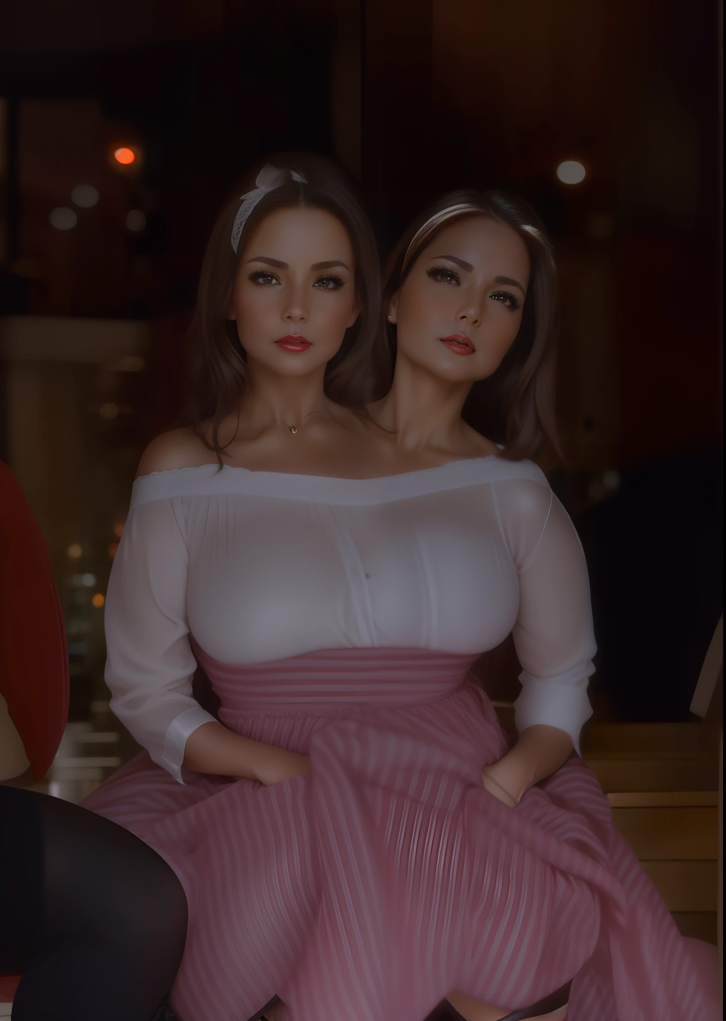 2 heads,Photo of a 50-year-old woman with brown hair, a captivating gaze, Brown eyes, Wrinkles on her face, Black pantyhose,Black High Heel Boots,She wears very sexy lingerie underwear、、Revealing her large sagging breasts, Light makeup and red lips. 32K