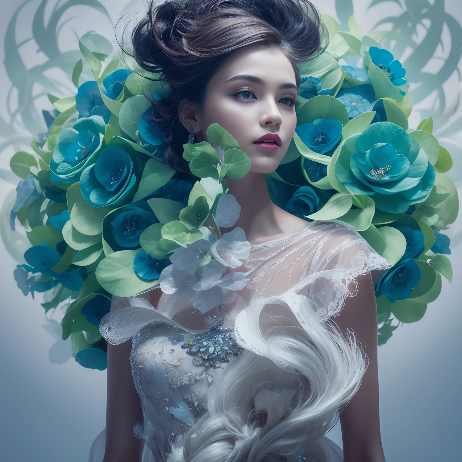 Imaginative surreal portrait visualizing ethereal woman in stylish white floral dress、Mysteriously posing on pitch black background of emptiness. Her flowing gowns and accessories are、Features abstract shapes and textures similar to futuristic digital airbrush art, Gradients and geometric patterns follow dynamically. Bright blue flowers adorn her flowing hair and dress, Create an eye-catching focus. A calm expression emerges from behind a dark lens that reflects swirling colors. The overall mood is fickle.Realized as a conceptual fashion photo that fuses avant-garde aesthetics and digital art. Capture with studio lighting for dramatic contours、It is post-processed to enhance the surreal atmosphere.