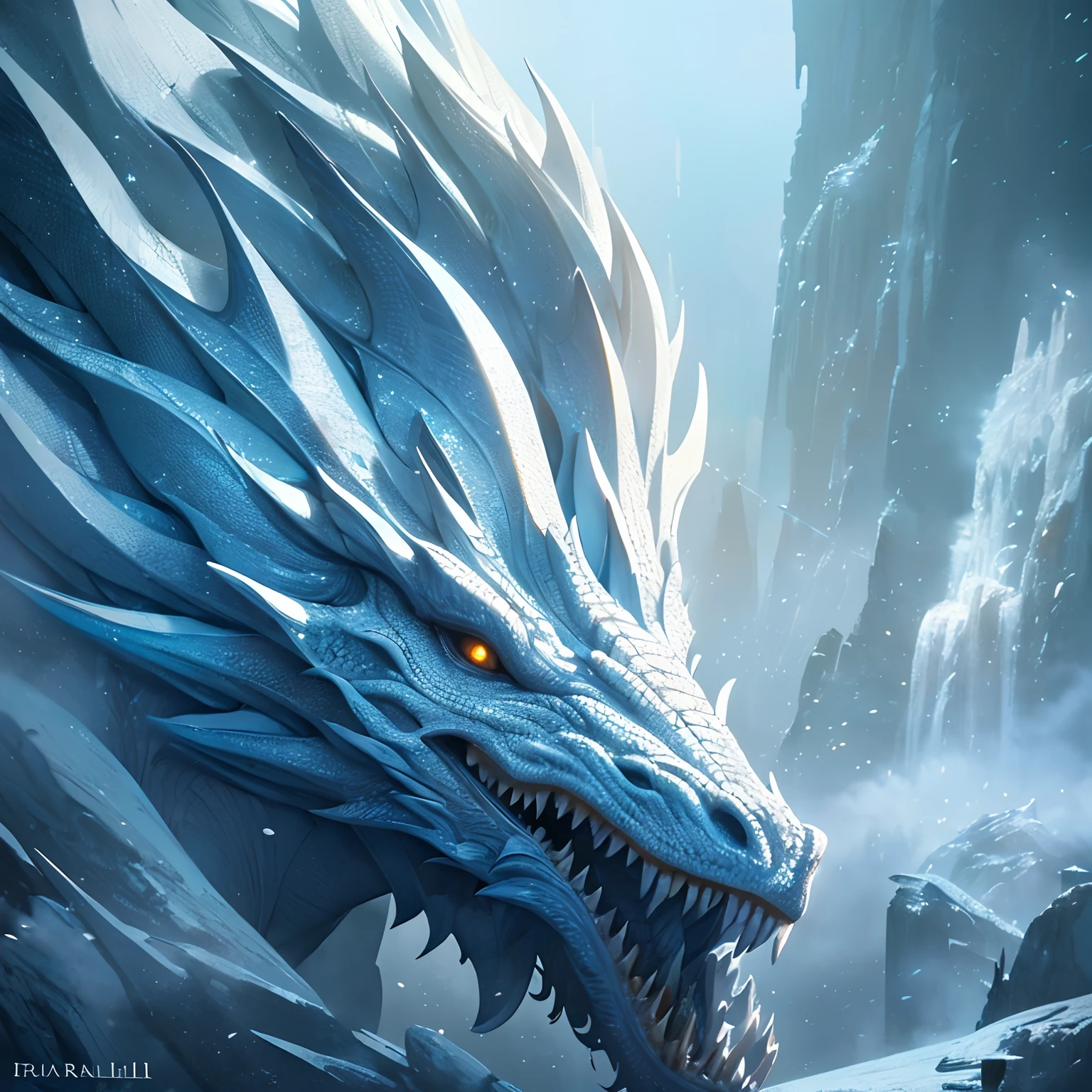 (16k, masterpiece, best quality), ultra-detailed, high quality, high resolution, a ice dragon sitting in the mountain, dragon, ((daytime)), a huge ice dragon with detailed scale, open wings, outdoor, ice mountain background, looking into the distance, perfect anatomy
