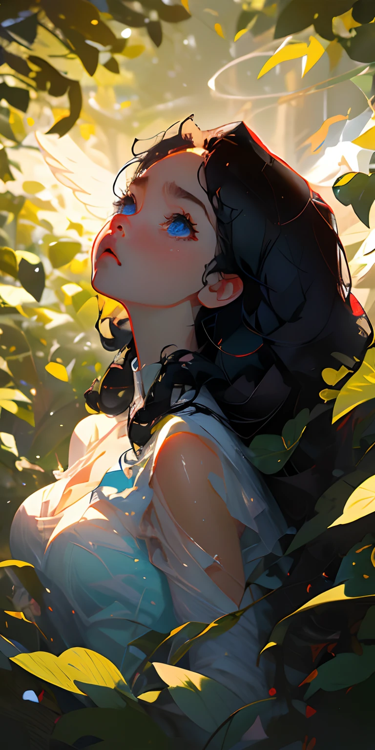 Girl, blue eyes, black curly hair, angelic, anime, melancholy, looking up, leaves falling,