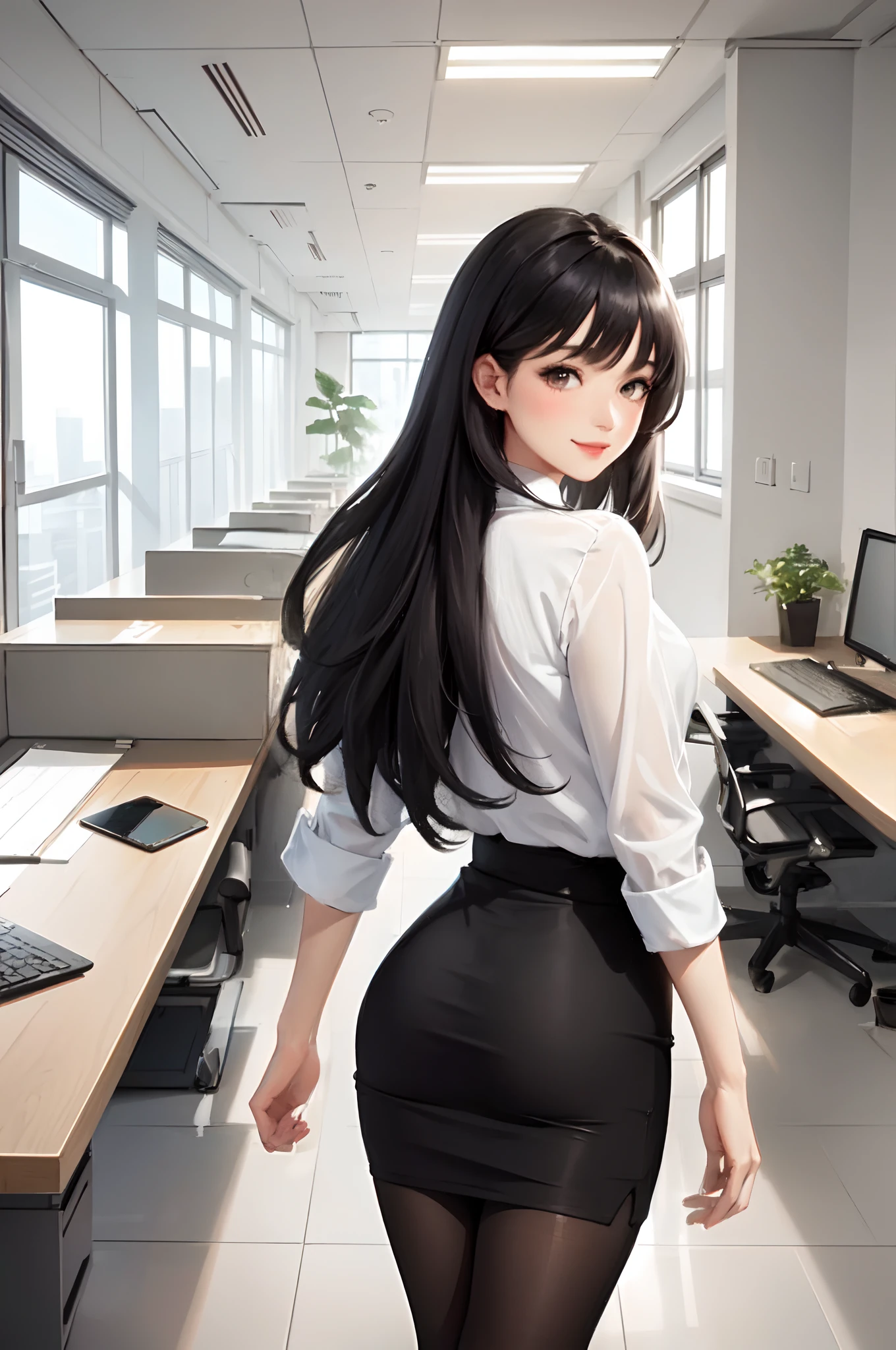 1lady solo, (looking back from behind), /(casual shirt pencil skirt thin pantyhose/), /(black hair/) bangs, blush kind smile, (masterpiece best quality:1.2) delicate illustration ultra-detailed BREAK /(modern office indoors/)