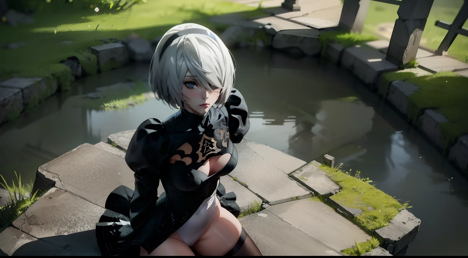 ass pov, Camera from above, Overhead view, There is only one girl in the frame, ass pov, close - up photo, fighting posture, Sitting on the edge of the lake, Sits, With his legs pressed to his chest, woods, Ruins, Lake, shapely legs, White Hair Bob, ashy hair, The eyes are covered with a bandage, Cyan eyes, black dress with a short skirt, short black skirt, neckline on the chest, white panty, black stockings, high black boots, high-heeled boots, very extremely beautiful, Small firm buttocks, Slender figure, Full-length(Body Full 1.1),Game nier automata, ruined city, The city, overgrown with plants, Ruins, high detail official illustrations, ((beautiful fantasy girl)),Red Small Breasts, Her breasts are sticking out from under her clothes, (Master Part: 1.2), Best Quality, High Resolution, photorealestic, photogenic, Unity 8k壁纸, (illustartion: 0.8), (Beautiful detailed bluish-gray eyes: 1.6), extremely detailed face, perfect lighting, extremely detailed CGI , (perfect arms, perfect anatomy), A girl with perfect breasts, beatiful face, master study, intricate details, Detalhes realistas, the anime, (Based on nier automata) the perfect body, The Perfect Girl, perfect details, Ultra HD |, 8K, Professional photo, Anime Style 2B,