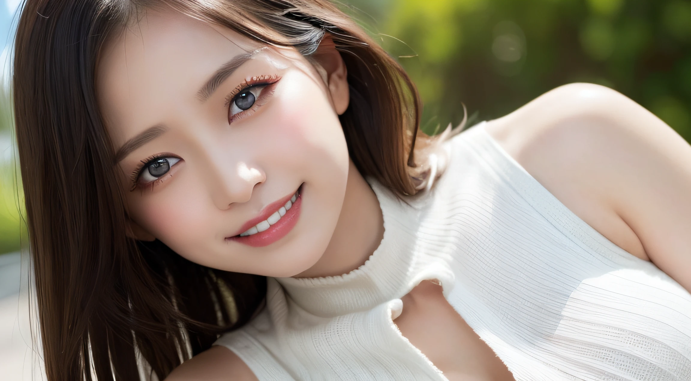 masutepiece, Best Quality, Photorealsitic, finely detail, hight resolution, 8K Wallpapers, Perfect dynamic composition, Beautiful detailed eyes, Medium Hair, large full breasts, Random and sexy poses,Bring your chest together、(Very Small Size Mock Neck Crop Tank Top White Knitwear)、(Breast bulge 1.2)、A smile、open open mouth、Resort scenery、23years old、(Drooping eyes 1.4)、Adult beauty、japanes