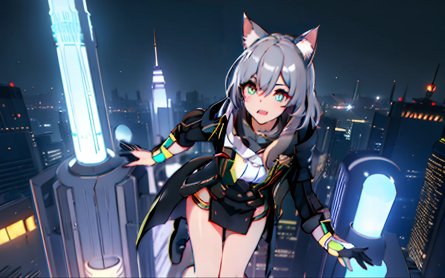 Midnight City (futuristic Tower)(HD, Realistic, 2K, HDR, High Quality, High detail) Cyberpunk, female trailblazer, (Cat ears), Black coat (with long strips), Raining, exterior, Best quality, cute face (with tiny fang) (beautiful View) View the City, (Full body), [Detailed eyes] focus, (Beautiful view background) (Detailed background) (Rooftop of Tower) (Cute tooth fang), ((Masterpiece)) ((Detail suroundding)), ((Detail face)) pose (looking at the view)