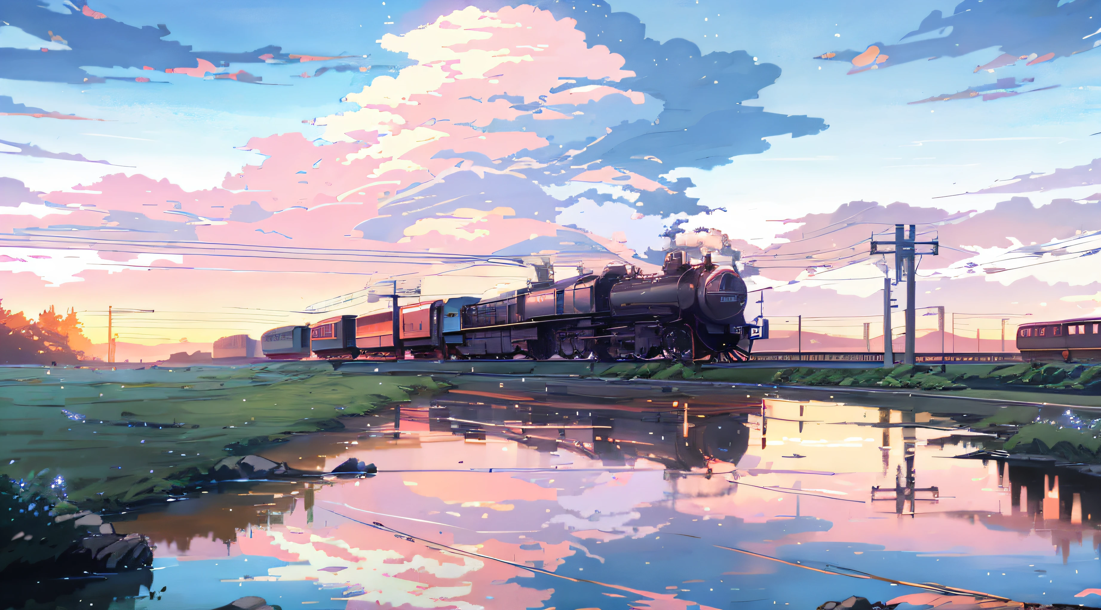 Anime train on tracks through body of water, image by Makoto Shinkai, pixiv, concept art, lofi art style, reflection. Enhanced detail, perfect picture quality. by makoto shinkai, lofi art, beautiful anime scenes, anime scenery, detailed scenery—width 672, in style of makoto shinkai, style of makoto shinkai