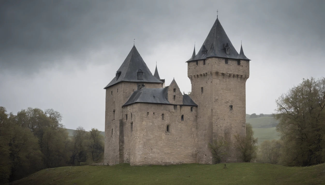 gothic castle tower standing in a dreary day, medieval eastern europe, one carved stone window at the stop, sense of mystery and eeriness, danger, a taboo place, cinematic, 8k, gothic horror film, cinematic scene from film, cinematic in the style of Dion Beebe