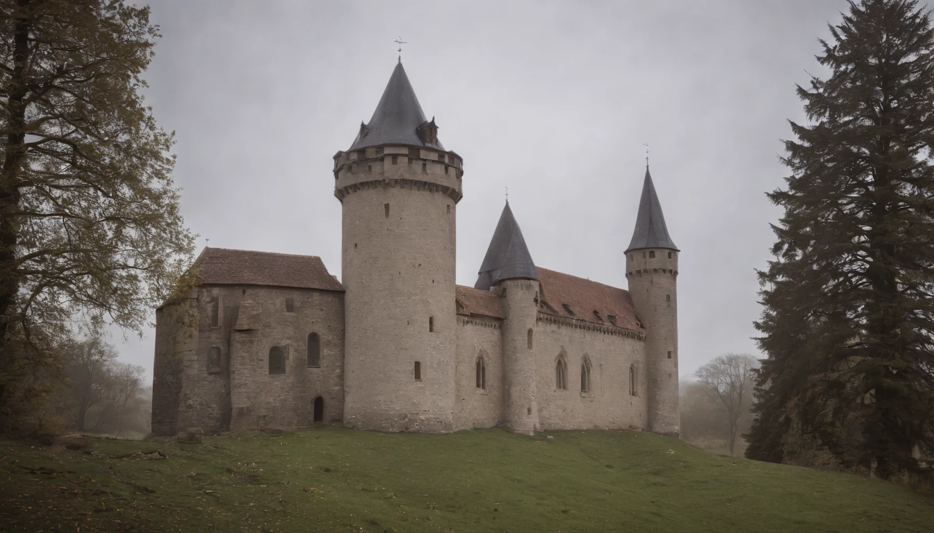 gothic castle tower standing in a dreary day, medieval eastern europe, one carved stone window at the stop, sense of mystery and eeriness, danger, a taboo place, cinematic, 8k, gothic horror film, cinematic scene from film, cinematic in the style of Dion Beebe