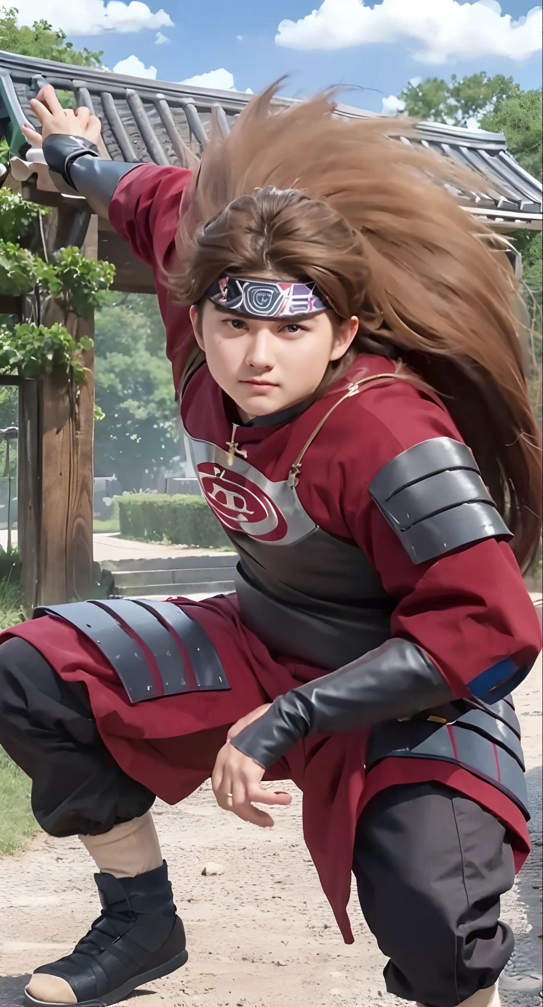 Real life adaption of this character , handsome With chubby cheeks,realistic same long messy hair , (realistic same outfit ,there is many plate iron on his outfit), realistic same background , realistic light, realistic shadow, realism, hyper realistic,(photorealistic:1.2), realistic same headband