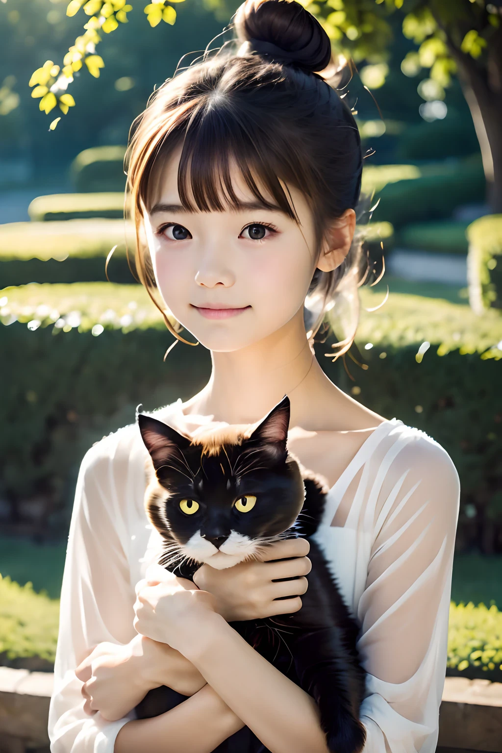 top-quality、Girl holding a black cat、 girl、Bun hair with brown hair tied、Black cat、Natural look、longshot、Natural light