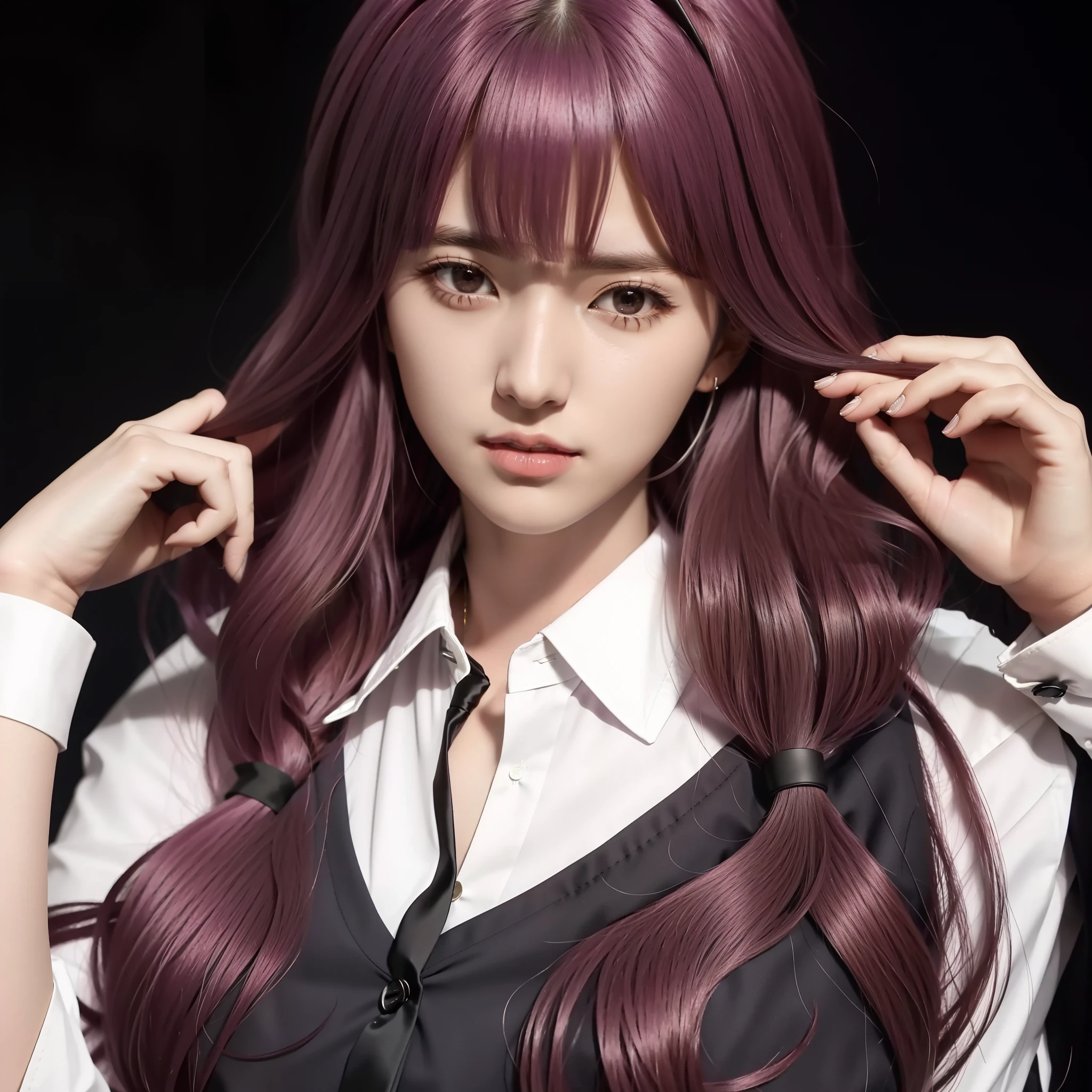 a close up of a person with long hair and a collared shirt, shalltear from overlord