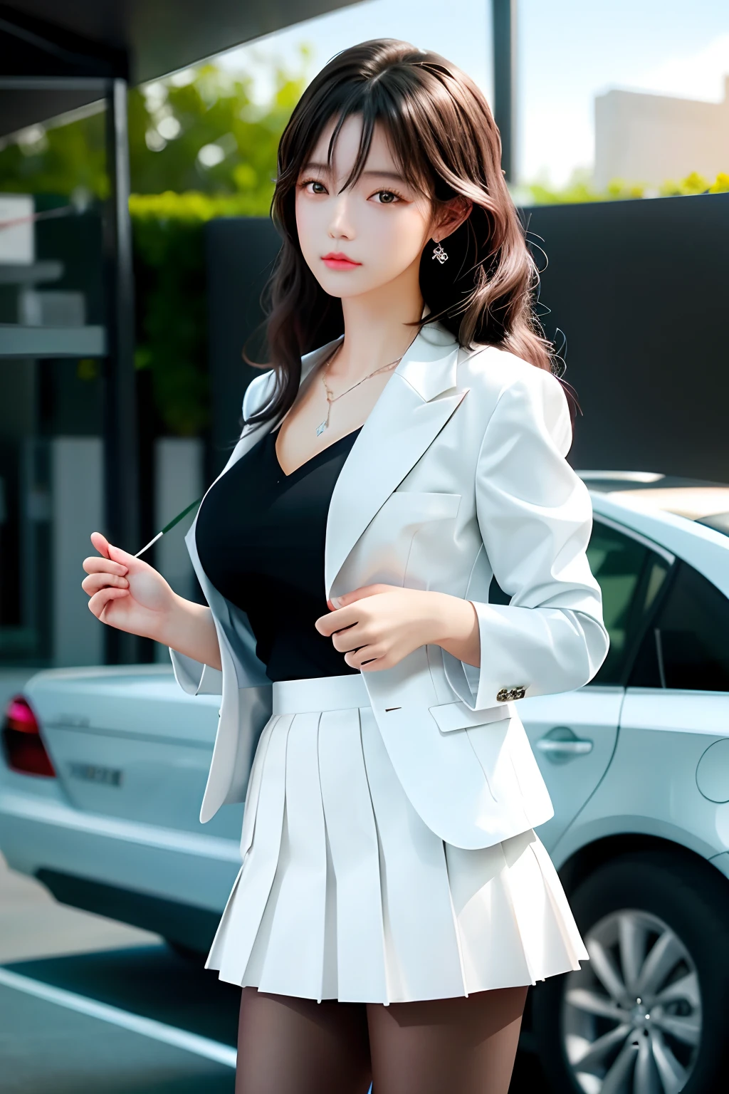 top-quality, masterpiece, 1girl in, 美丽的面容, (photographrealistic:1.3), Rim lighting, (High Detail Skins:1.2), 8K UHD, Digital SLR, hightquality, hight resolution, 4K, 8K, bokeh dof, absurderes, best ratio four finger and one thumb, (realisitic:1.3), pretty 1girl, Wearing a white formal blazer, a short skirt,Perfect five fingers