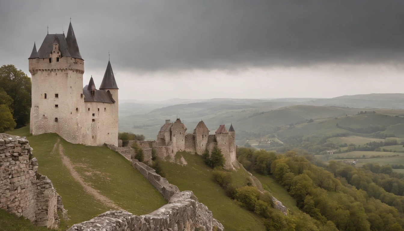 the impressive Cachtice Castle in the 1600's, gothic castle tower standing in a dreary day, medieval eastern europe, one carved stone window at the stop, sense of mystery and eeriness, danger, a taboo place, cinematic, 8k, gothic horror film, cinematic scene from film, cinematic in the style of Dion Beebe