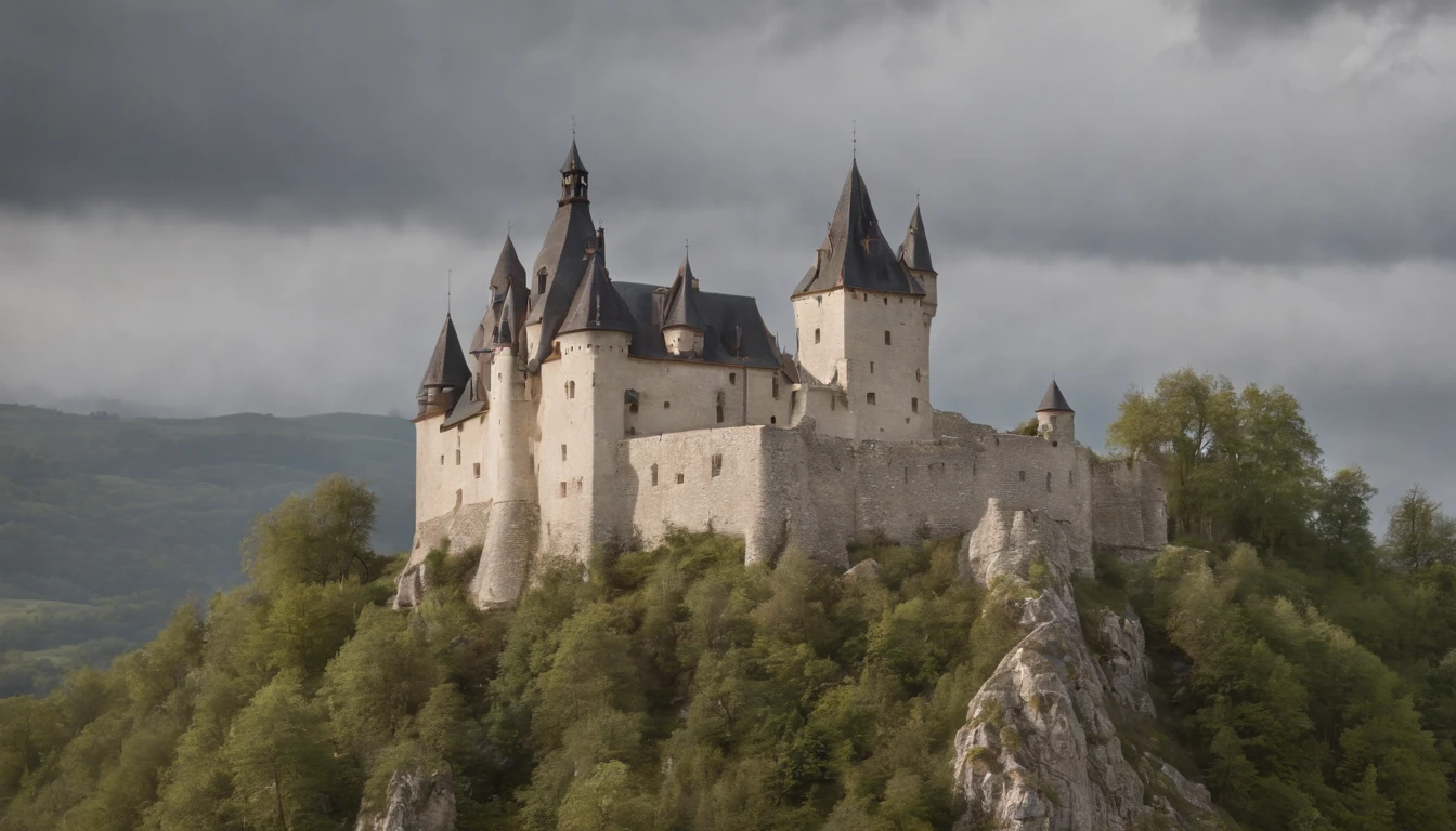 the impressive Cachtice Castle in the 1600's, gothic castle tower standing in a dreary day, medieval eastern europe, one carved stone window at the stop, sense of mystery and eeriness, danger, a taboo place, cinematic, 8k, gothic horror film, cinematic scene from film, cinematic in the style of Dion Beebe