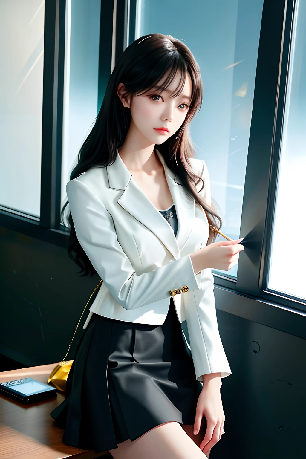 top-quality, ​masterpiece, 1girl in, 美丽的面容, (photographrealistic:1.3), Rim lighting, (High Detail Skins:1.2), 8K UHD, Digital SLR, hightquality, hight resolution, 4K, 8K, bokeh dof, absurderes, best ratio four finger and one thumb, (realisitic:1.3), pretty 1girl, Wearing a white formal blazer,  a short skirt,Perfect five fingers