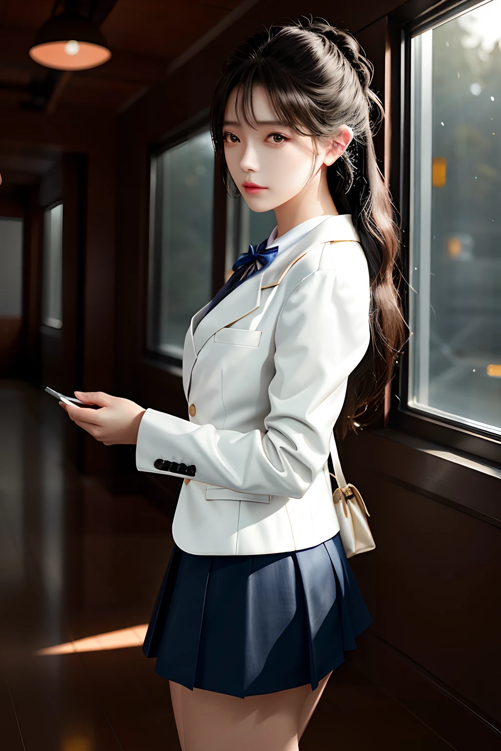 top-quality, masterpiece, 1girl in, 美丽的面容, (photographrealistic:1.3), Rim lighting, (High Detail Skins:1.2), 8K UHD, Digital SLR, hightquality, hight resolution, 4K, 8K, bokeh dof, absurderes, best ratio four finger and one thumb, (realisitic:1.3), pretty 1girl, Wearing a white formal blazer, a short skirt,Perfect five fingers