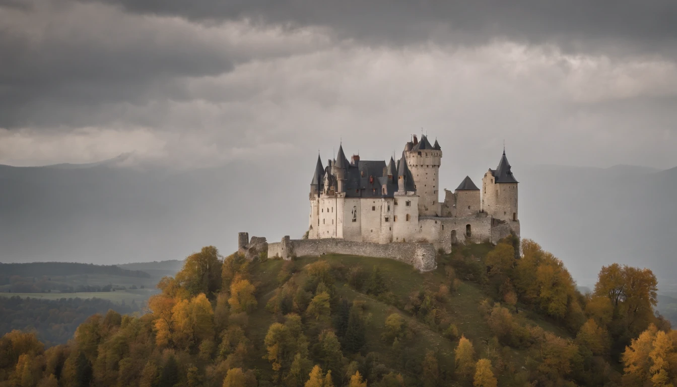 the impressive Cachtice Castle in the 1600's, gothic castle tower standing in a dreary day, medieval eastern europe, one carved stone window at the stop, sense of mystery and eeriness, danger, a taboo place, cinematic, 8k, gothic horror film, cinematic scene from film, cinematic in the style of Dion Beebe