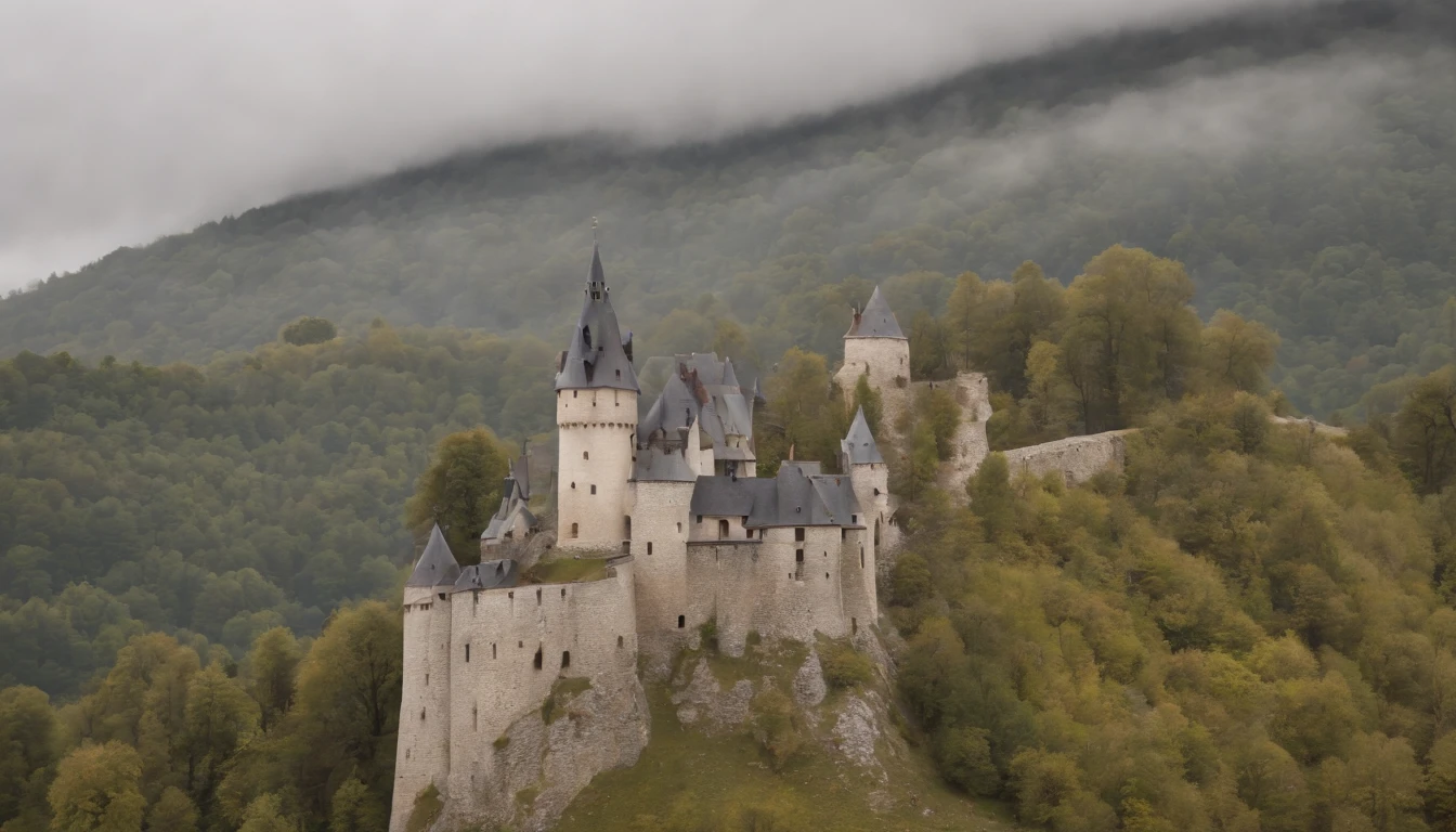 the impressive Cachtice Castle in the 1600's, gothic castle tower standing in a dreary day, medieval eastern europe, one carved stone window at the stop, sense of mystery and eeriness, danger, a taboo place, cinematic, 8k, gothic horror film, cinematic scene from film, cinematic in the style of Dion Beebe
