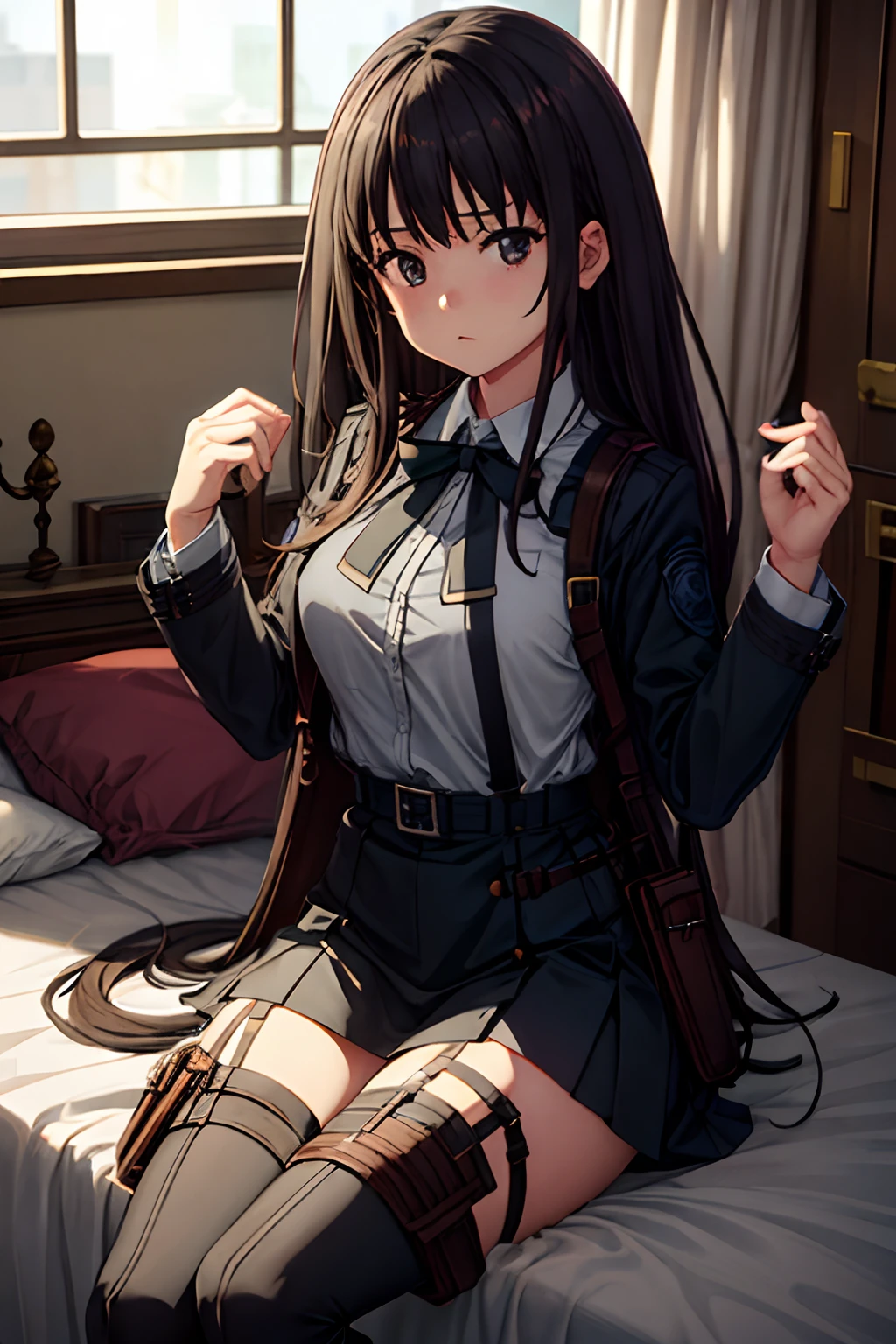 ​masterpiece、flat-colors、depth of fields、lens flare 1 girl、、Brown hair、watching at viewers　　　black suspenders　　　Bulging big breasts　　 　 　　　walls: 　Black miniskirt　garters　　　　　　Gaze　　　Small face　bangss 　　　holster　　Belt Armament　Beautuful Women　srestrained　hands up　Lying in bed　Leg holster lying on the bed