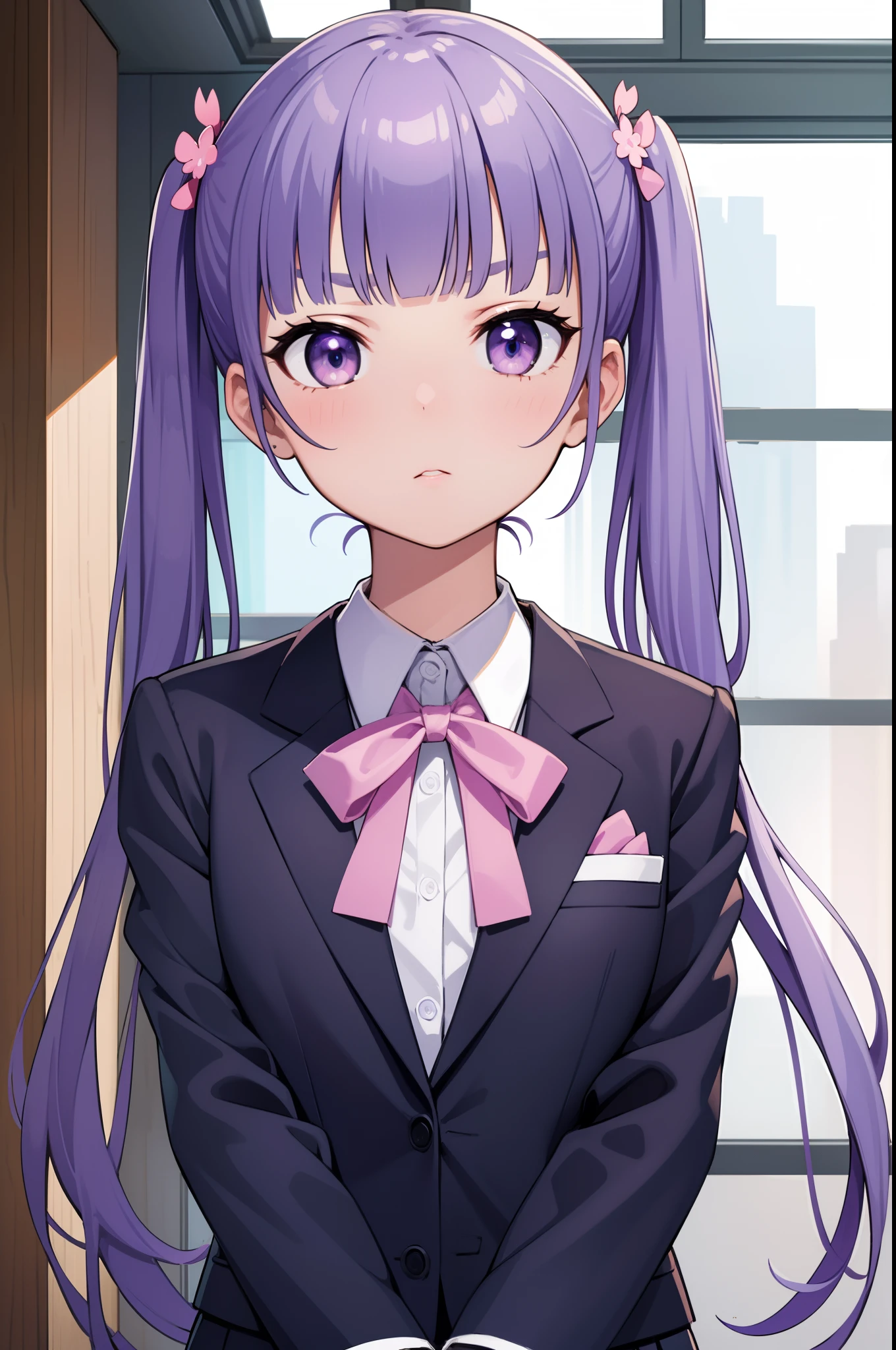 Aobasuzukaze, Aoba Sudzukadze, eyebrows, hair ornament, Long hair, (violet eyes:1.1), purple hair, twintails,
Blue Skirt BREAK, bow, bowtie, business suit, dress shirt, formal, neck ribbon, Pink Bow, pink bow tie, pink ribbon, band, Shirt, upskirt, Skirt suit, suit, white  shirt,
BREAK looks at the viewer,
BREAKTHROUGH in the room, office,
BREAK (Masterpiece:1.2), Best Quality, High Resolution, Unity 8k壁纸, (illustartion:0.8), (beautiful detail eyes:1.6), extremely detailed face, perfect  lighting, extremely detailed CGI, (perfect arms, perfect anatomy),