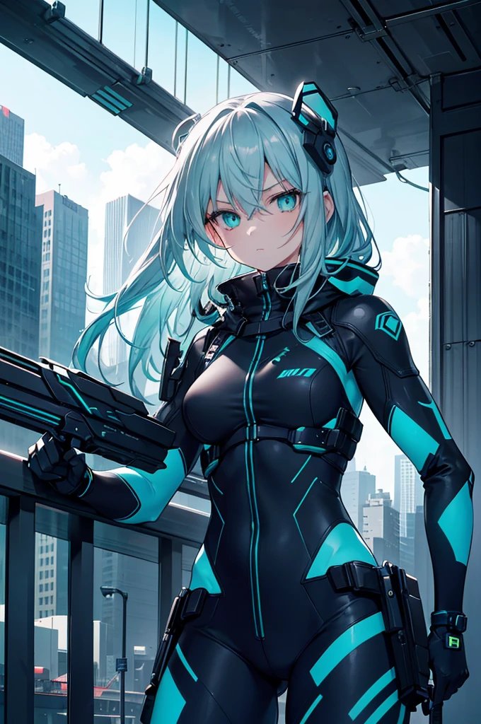 1girl, rogue cybernetic scout, waist-length silver hair with dynamic teal streaks, intense emerald eyes, sleek reconnaissance gear with urban stealth camouflage, lightweight body armor contours to agile form, multipurpose utility belt with gadgets and espionage tools, perched atop a high-rise with a sprawling cityscape below, dusk light casting long shadows, cool blues and greys dominating the palette, sharp focus, ultra-realism with a hint of the uncanny, a solitary sentinel in a world of shadow and neon.