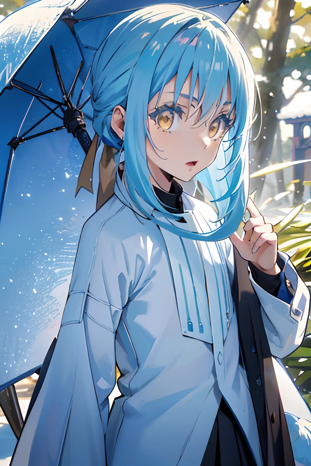 Official art, Unity 8k Wallpapers, ultra-detailliert, Beautifully Aesthetic, ​masterpiece, top-quality, realisitic, a closeup, Skindentation, interface, A detailed eye, A detailed face, detailed hairs, black backgrounds, straight-on, looking at the viewers, The sheen, Anime, looking at viewer with a cigarette in her mouth, highly detailed with reflections transparent iridescent opaque jacket, Long transparent iridescent RGB hair, 1girl in, Solo, fronds, Long hair, Blurry, Shirt,  Parted lips, Outdoors, Floating hair, Long sleeves, White shirt, Bangs, Upper body, Open mouth, tusk, Brown eyes, Wind, Winters，Yuki，snowscape，Blurry background, day, depth of fields, bug,Funeral Freelen，Freelen，Light blue hair，Twin-tailed，