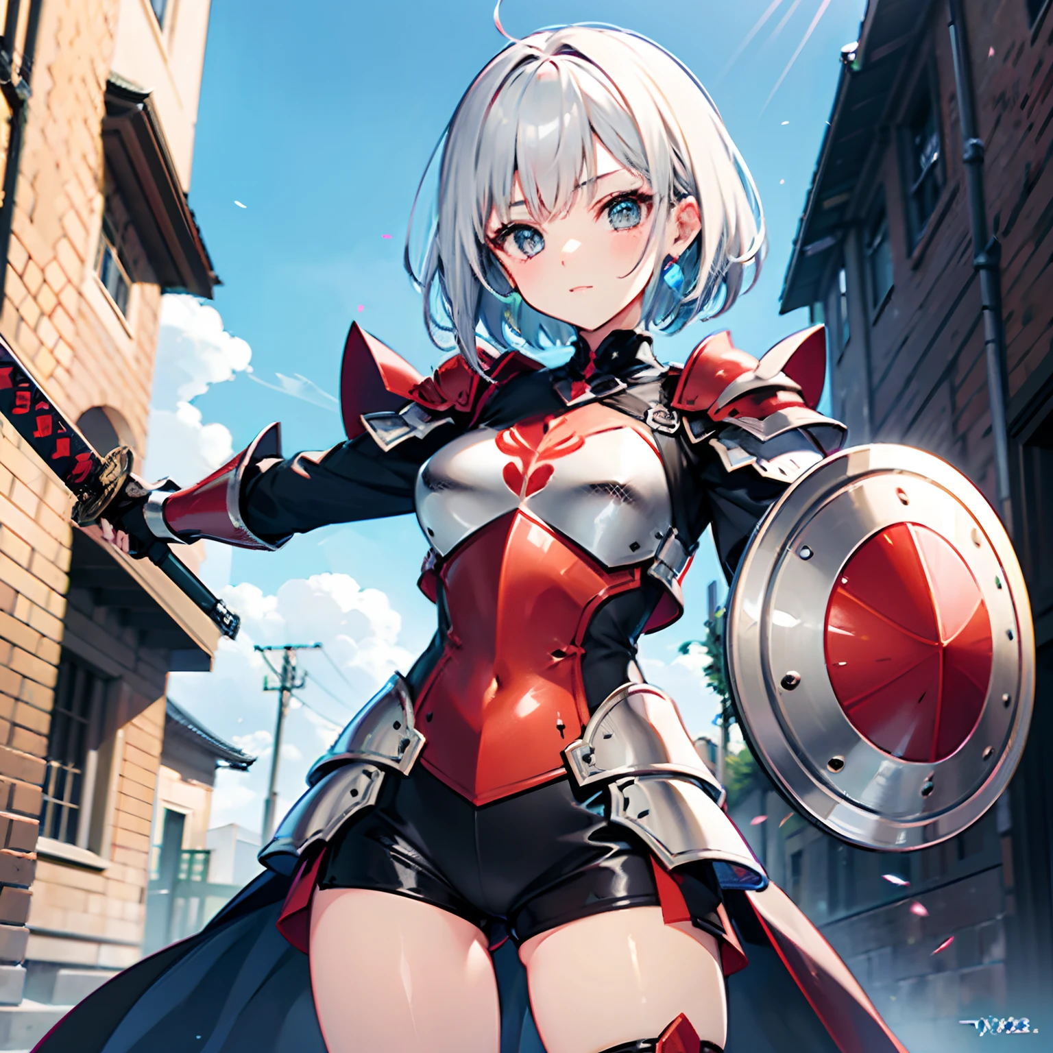 short-hair　silber hair　teens girl　Sword and shield　red armor　kawaii faces