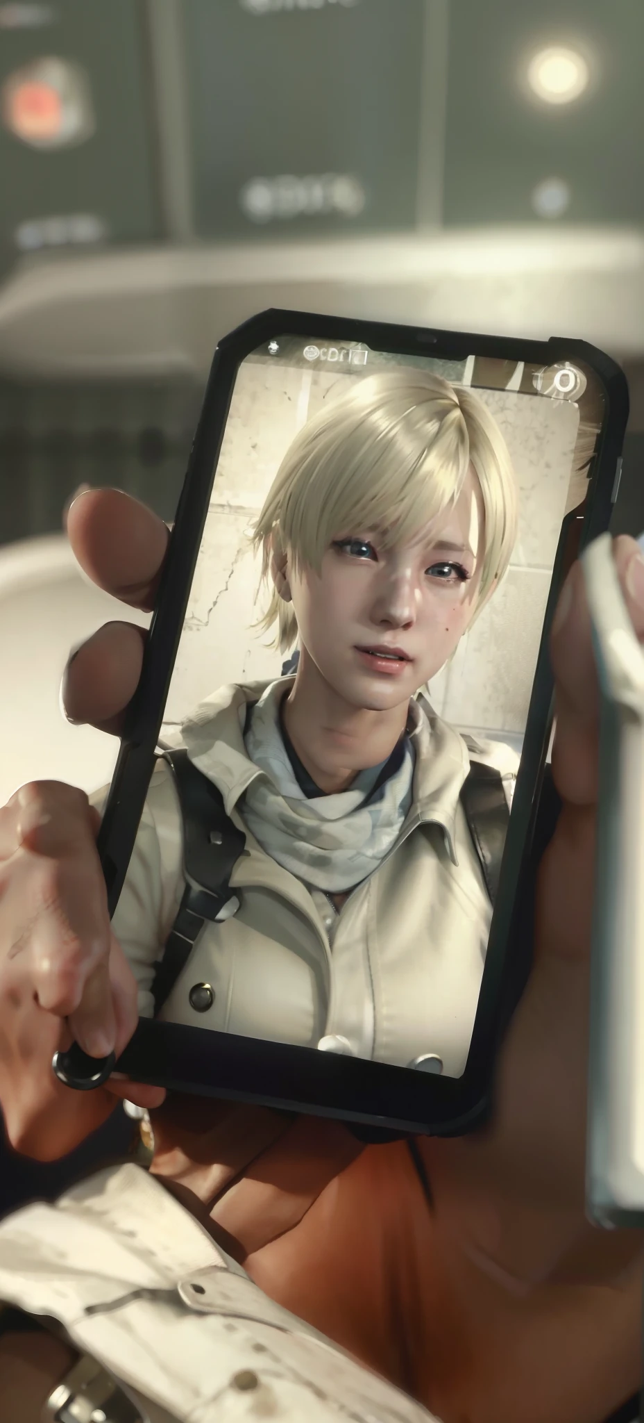 HD, Sherry Birkin, blonde bob hair, white coat, smile, On the cellphone screen, video call