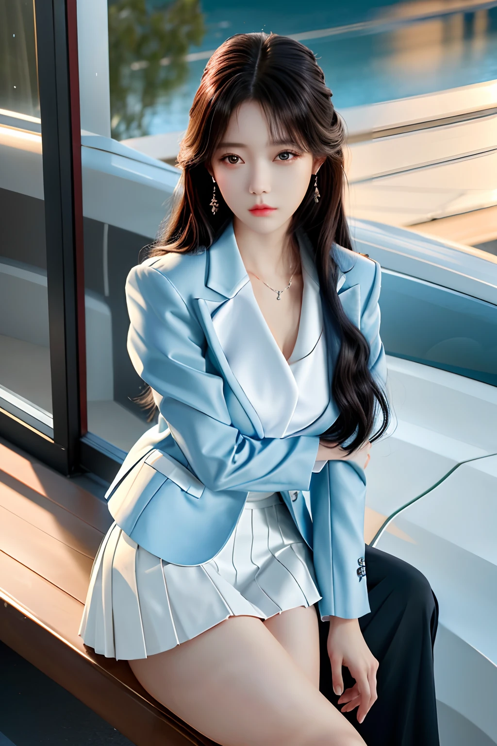 top-quality, ​masterpiece, 1girl in, 美丽的面容, (photographrealistic:1.3), Rim lighting, (High Detail Skins:1.2), 8K UHD, Digital SLR, hightquality, hight resolution, 4K, 8K, bokeh dof, absurderes, best ratio four finger and one thumb, (realisitic:1.3), pretty 1girl, Wearing a white formal blazer,  a short skirt,Perfect five fingers